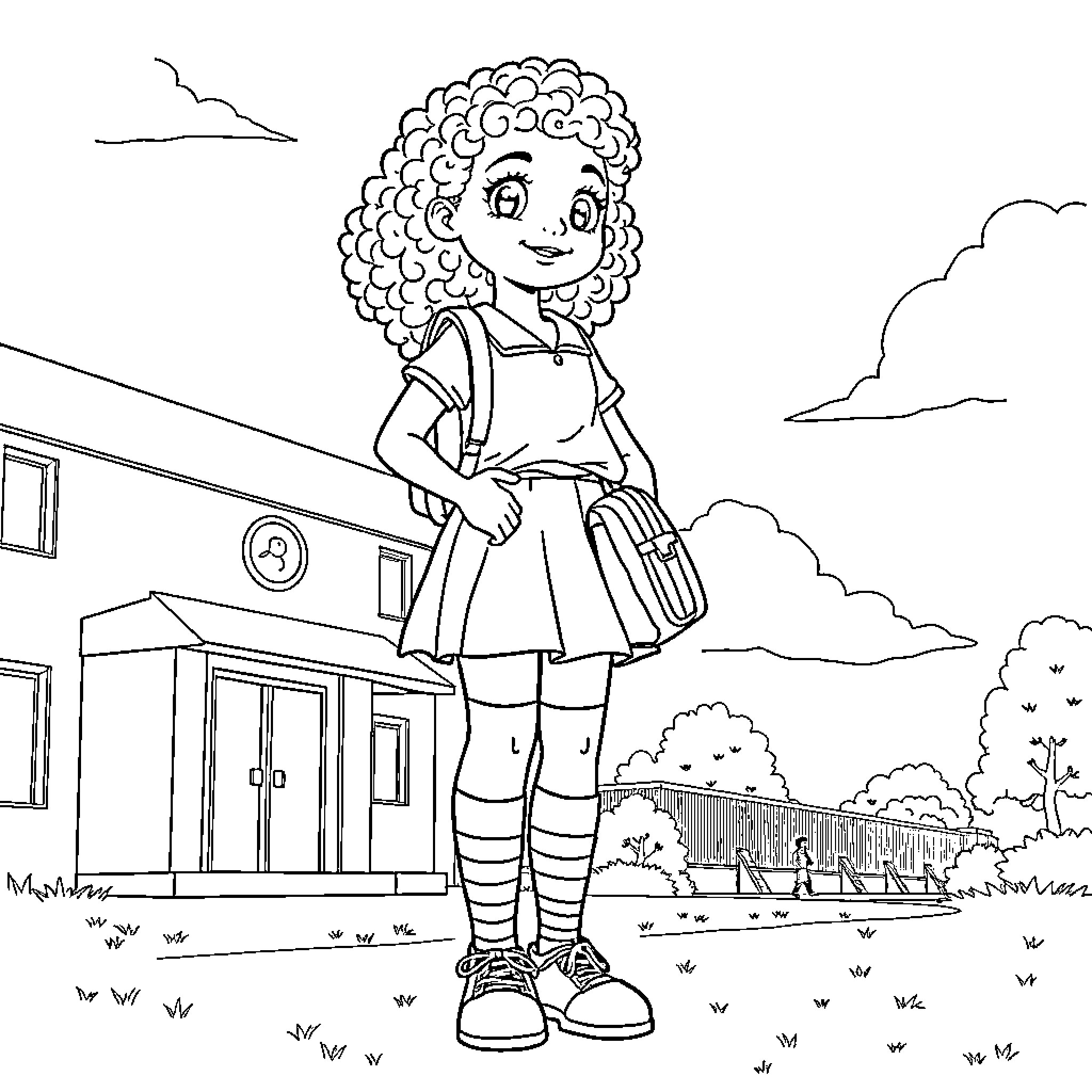 Sappho's Adventure at the School Yard Coloring Page (free black-and-white line drawing printable PDF for all, from beginners to advanced learners, including children, teens, adults, and seniors)
