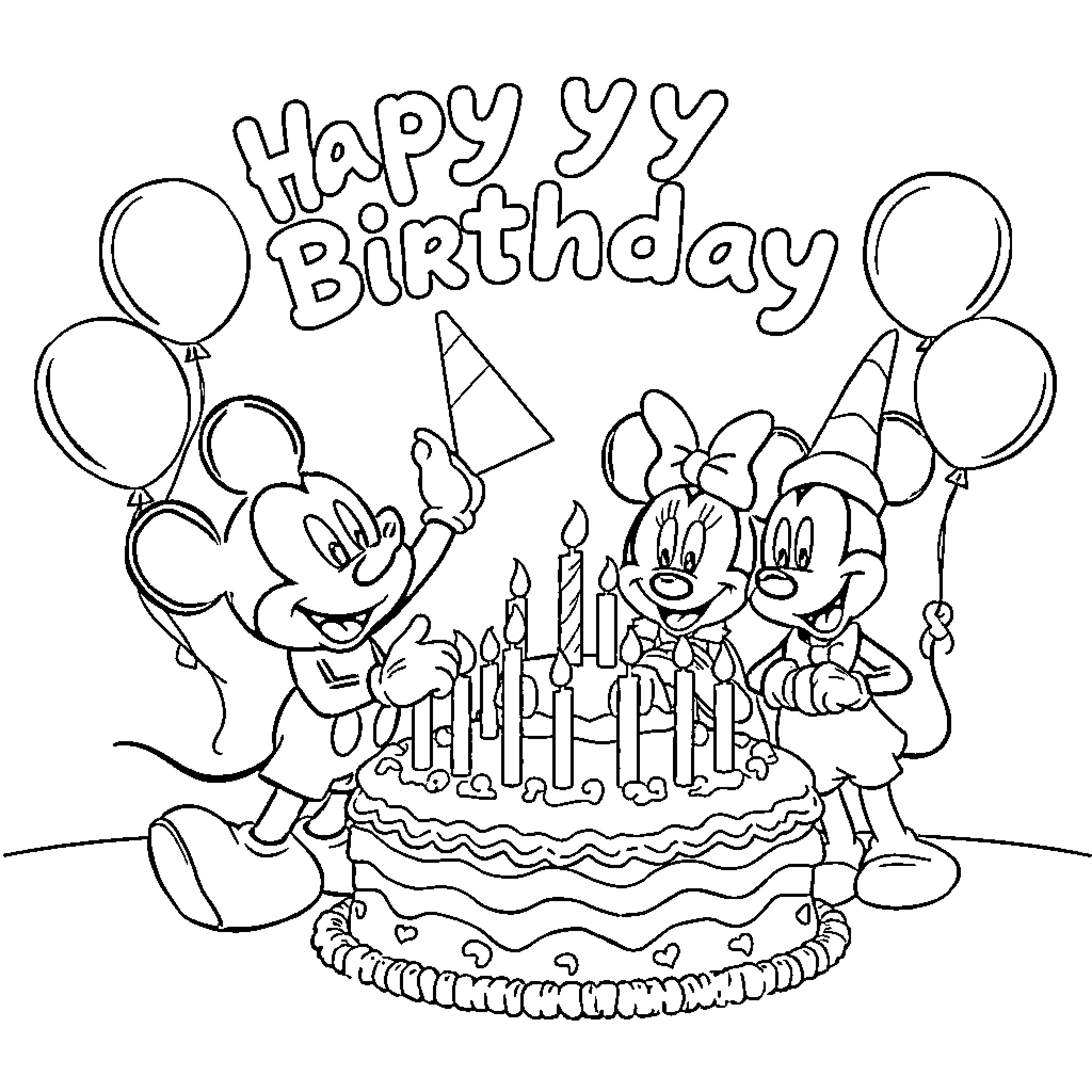 Mickey and friends celebrate a happy birthday Coloring Page (free black-and-white line drawing printable PDF for all, from beginners to advanced learners, including children, teens, adults, and seniors)