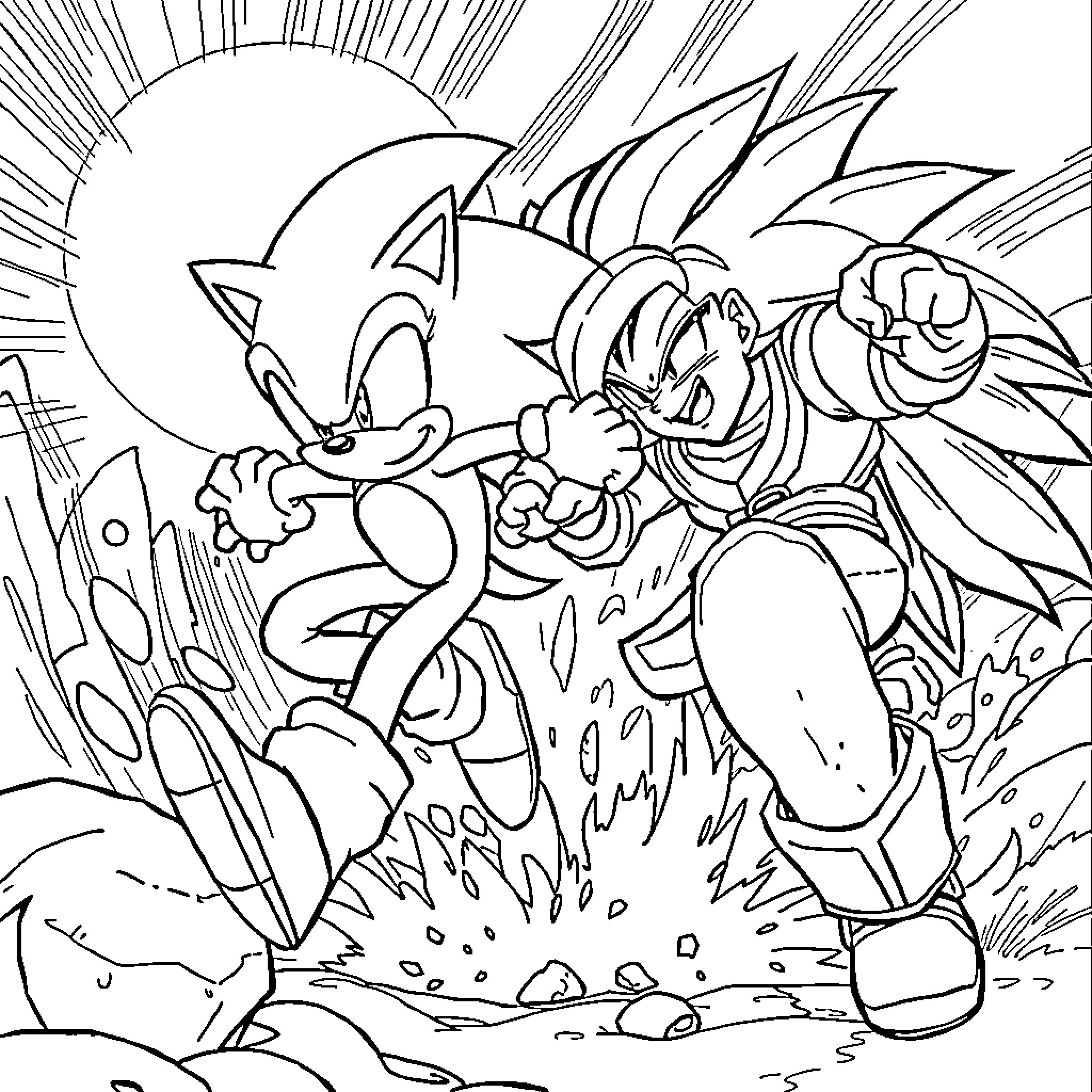 Sonic characters in action-packed scene Coloring Page (free black-and-white line drawing printable PDF for all, from beginners to advanced learners, including children, teens, adults, and seniors)