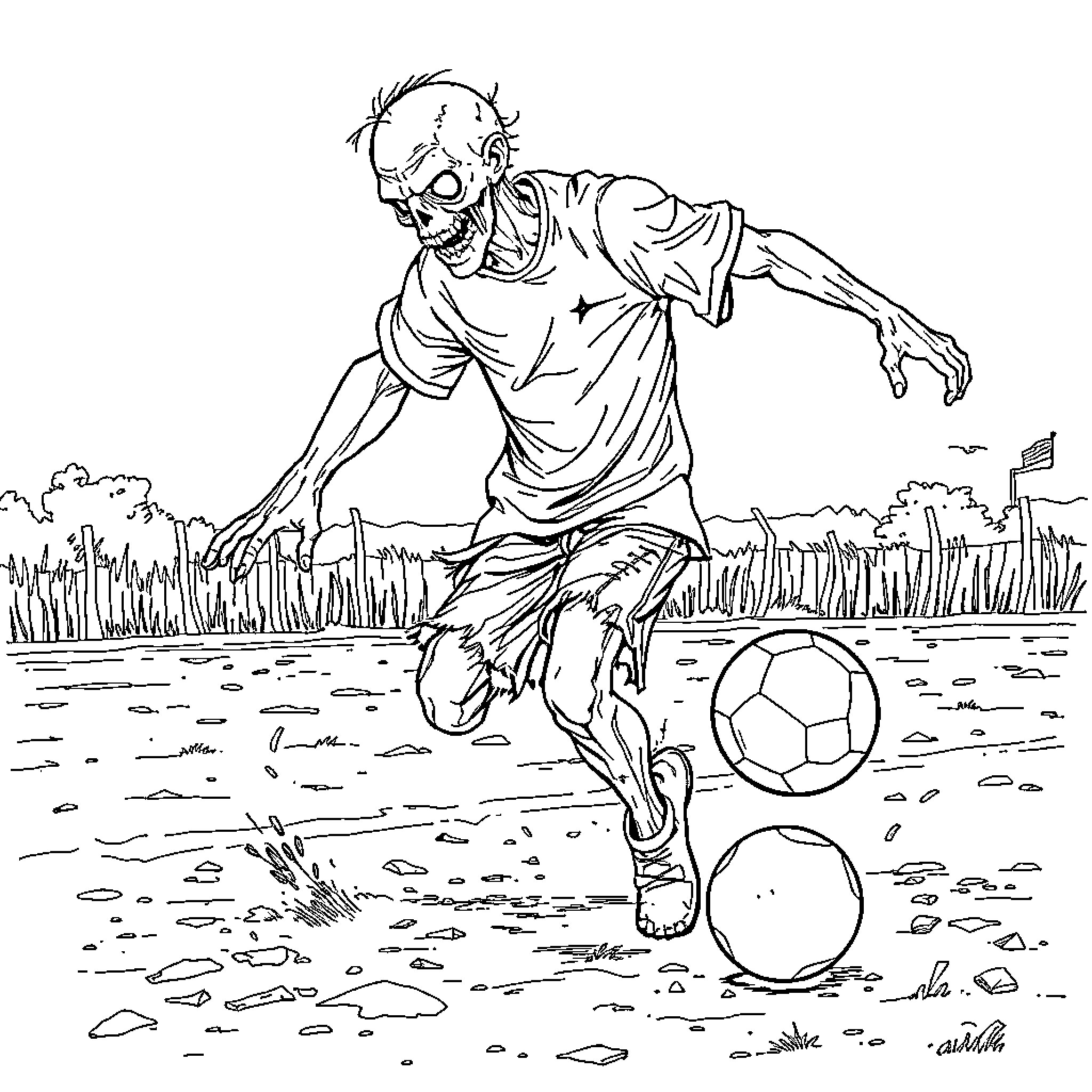 Zombie soccer player with a decaying body Coloring Page (free black-and-white line drawing printable PDF for all, from beginners to advanced learners, including children, teens, adults, and seniors)