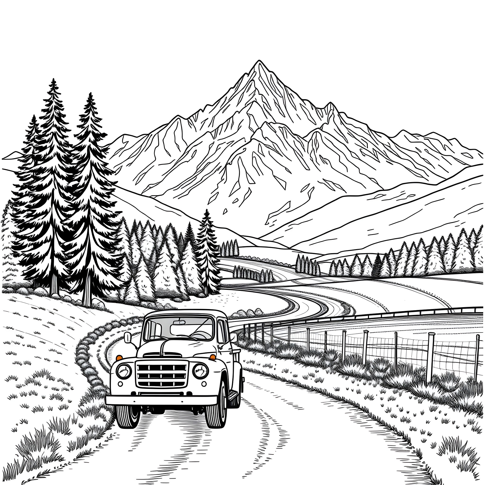 Truck driving on a winding mountain road Coloring Page (free black-and-white line drawing printable PDF for all, from beginners to advanced learners, including children, teens, adults, and seniors)