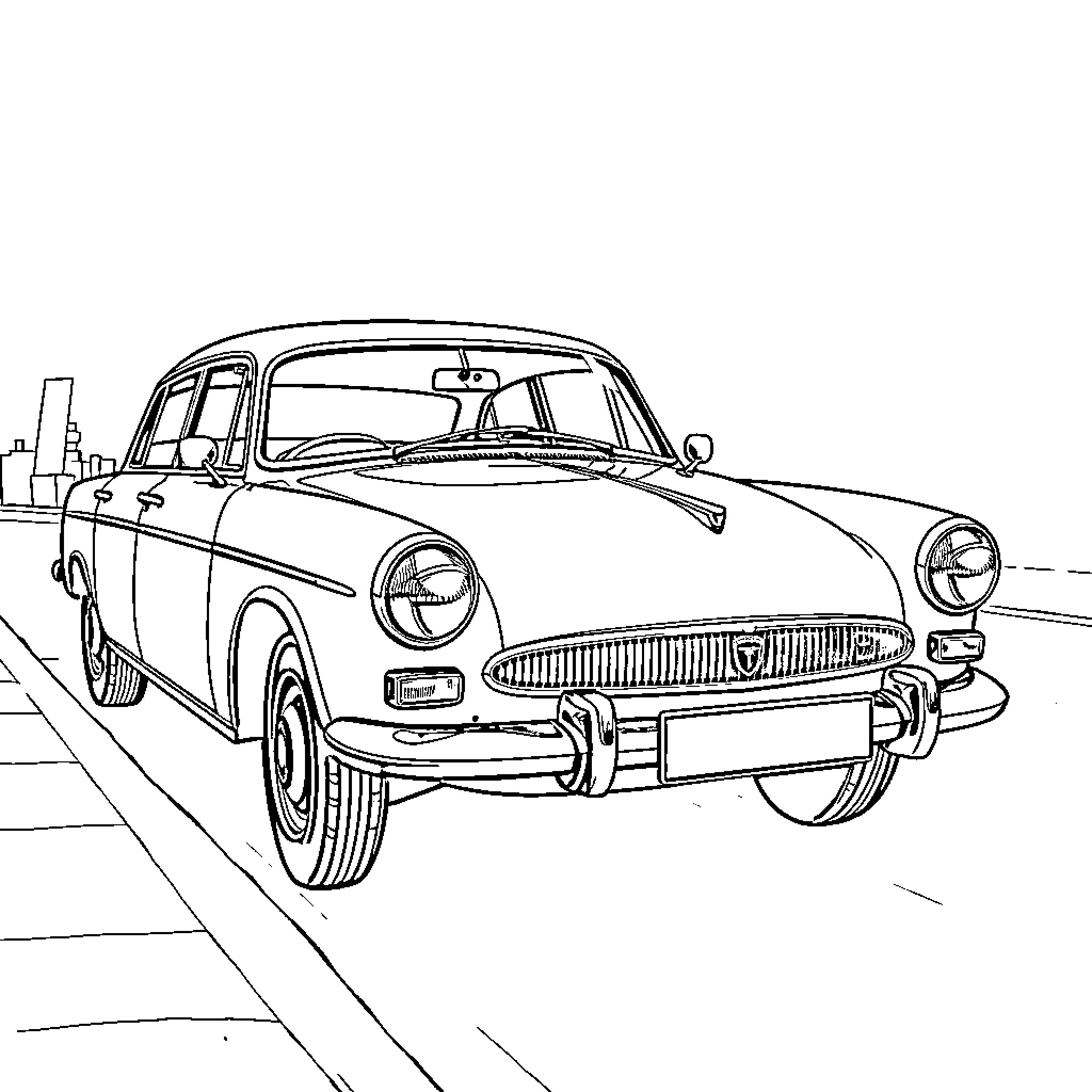Tatra vintage car on a city street Coloring Page (free black-and-white line drawing printable PDF for all, from beginners to advanced learners, including children, teens, adults, and seniors)