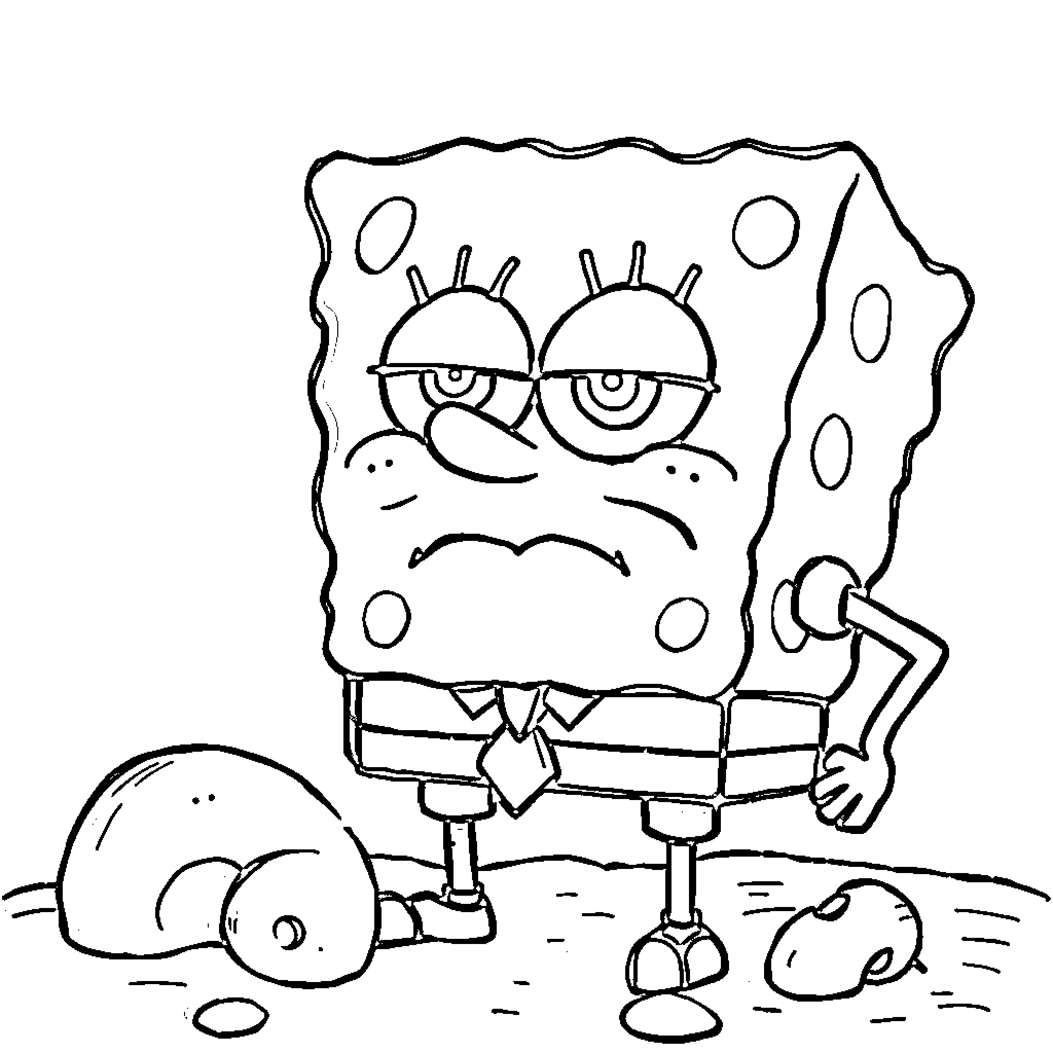 Spongebob looking grumpy in his underwater home Coloring Page (free black-and-white line drawing printable PDF for all, from beginners to advanced learners, including children, teens, adults, and seniors)