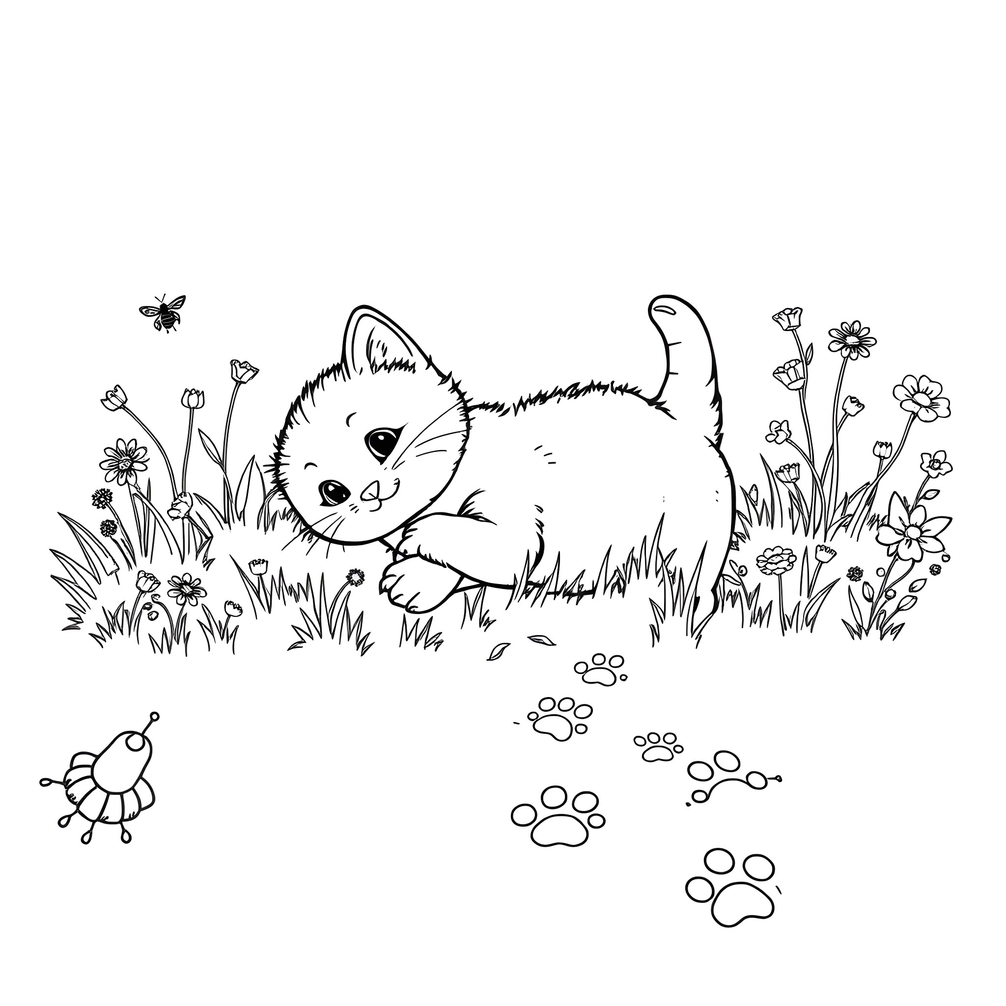 Kitten playing in a garden with flowers Coloring Page (free black-and-white line drawing printable PDF for all, from beginners to advanced learners, including children, teens, adults, and seniors)