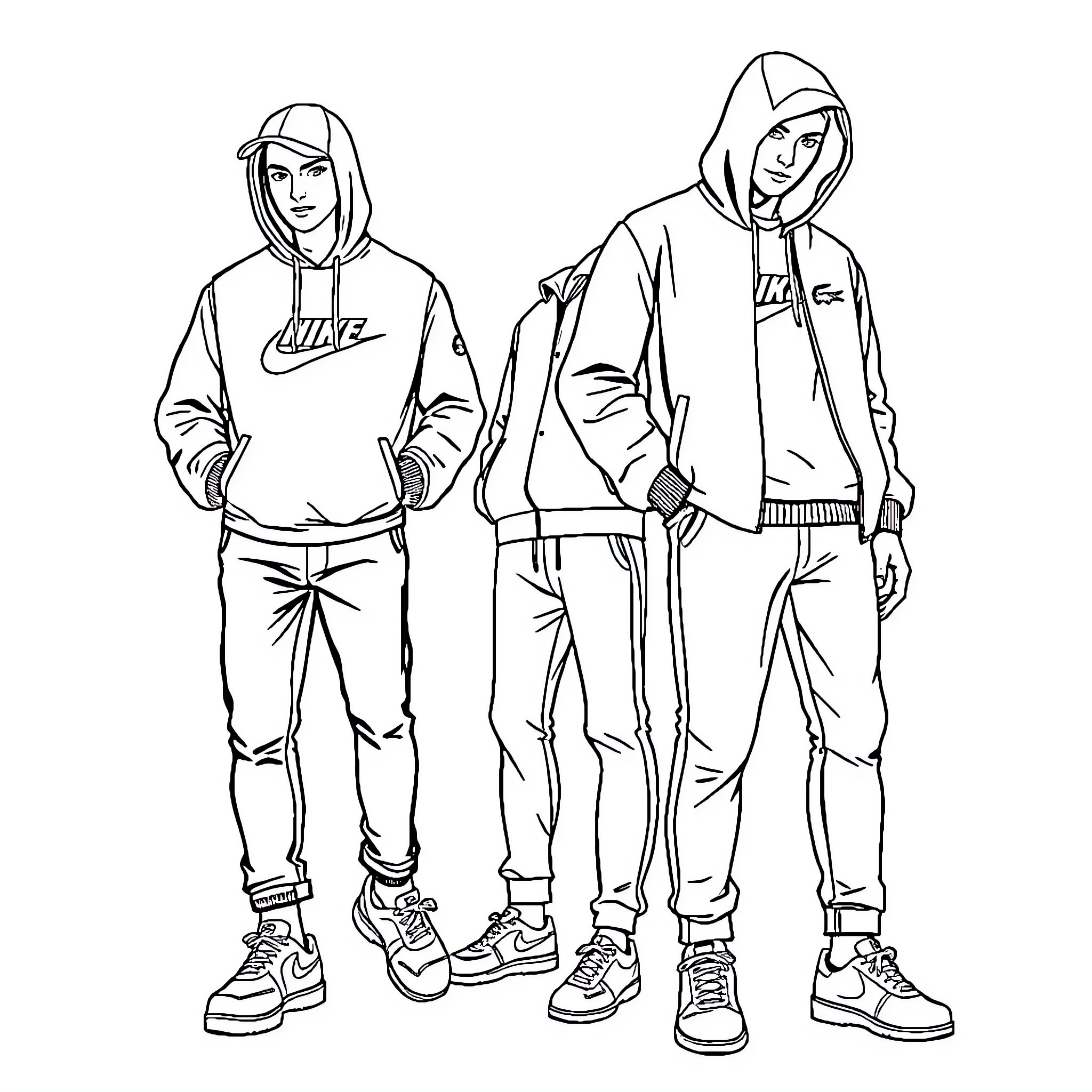 Lacoste figures in casual sportswear attire Coloring Page (free black-and-white line drawing printable PDF for all, from beginners to advanced learners, including children, teens, adults, and seniors)