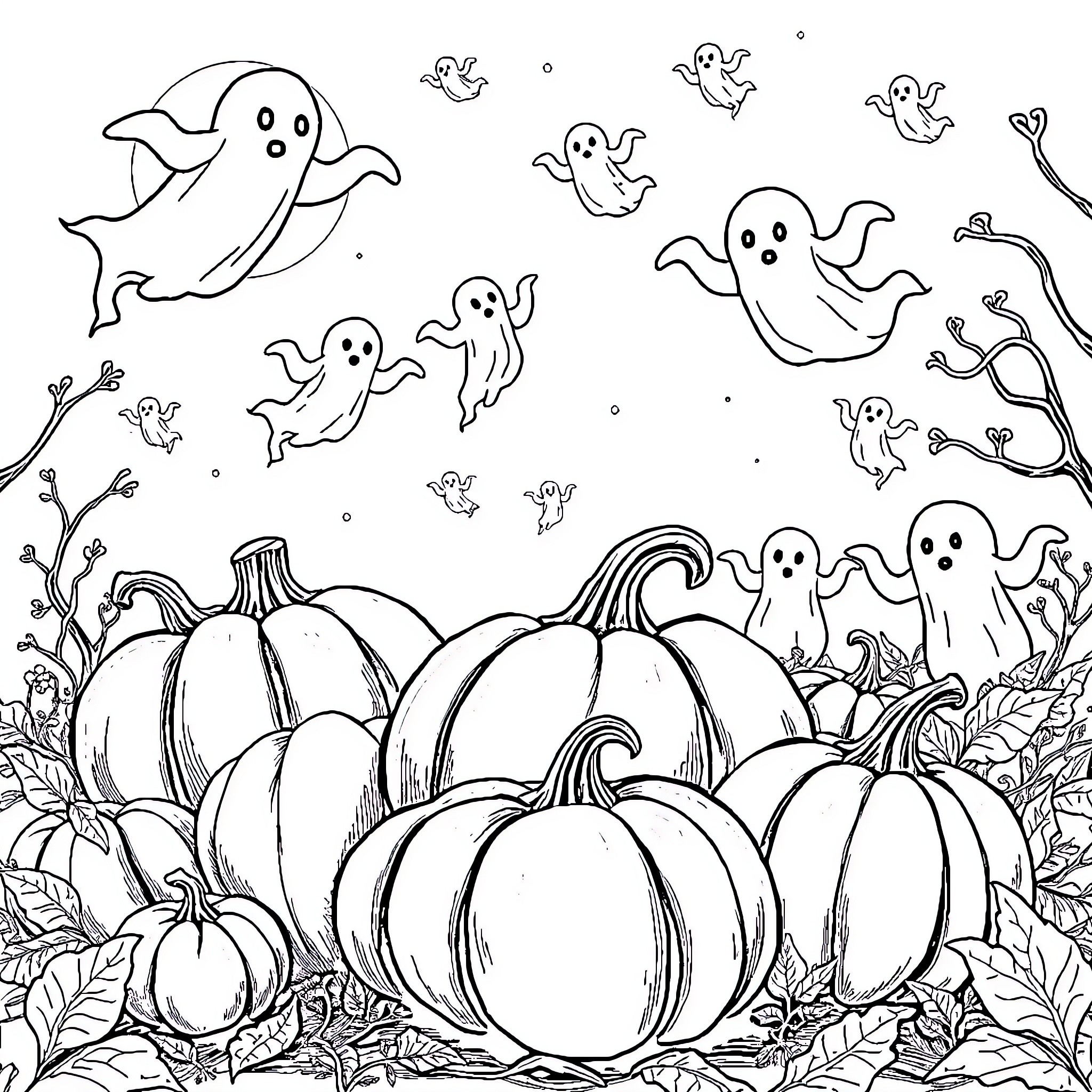 Pumpkin patch with playful ghosts Coloring Page (free black-and-white line drawing printable PDF for all, from beginners to advanced learners, including children, teens, adults, and seniors)