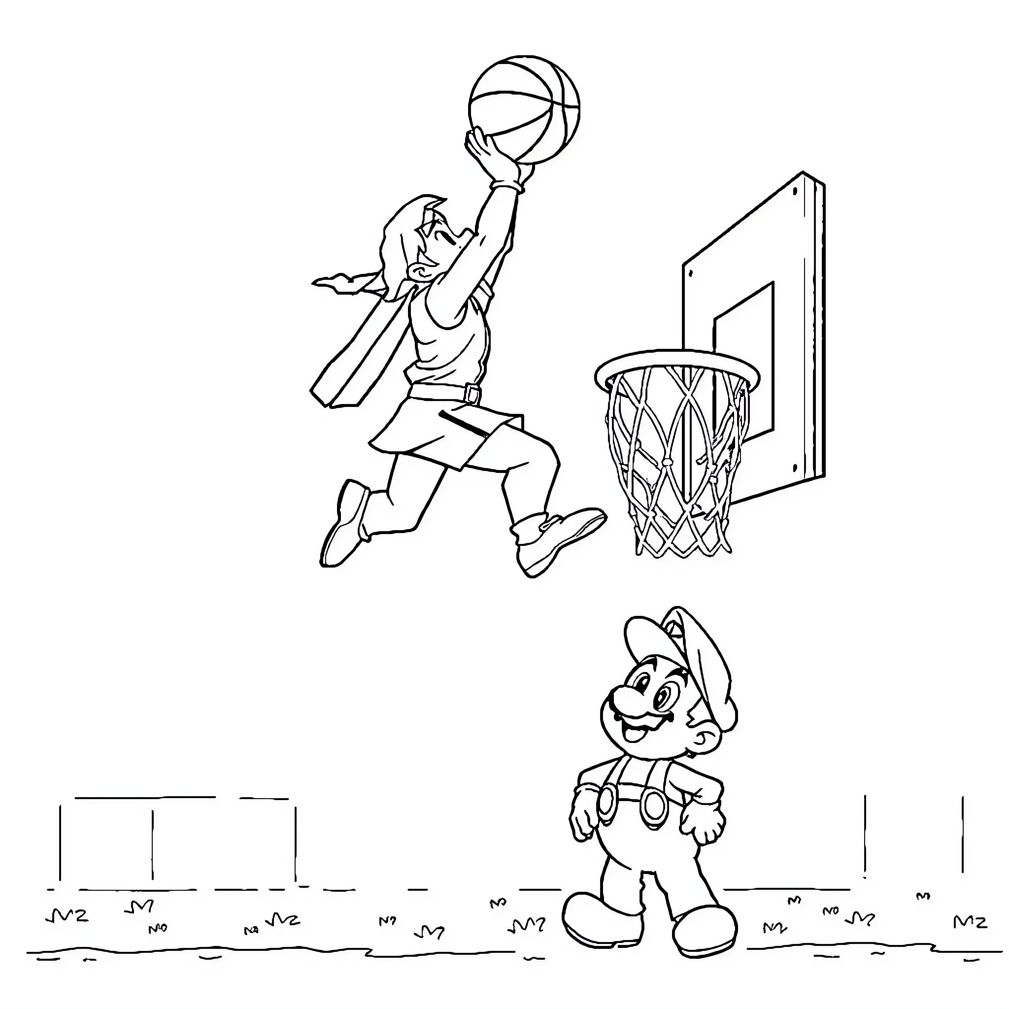 Link Playing Basketball on the Court Coloring Page (free black-and-white line drawing printable PDF for all, from beginners to advanced learners, including children, teens, adults, and seniors)