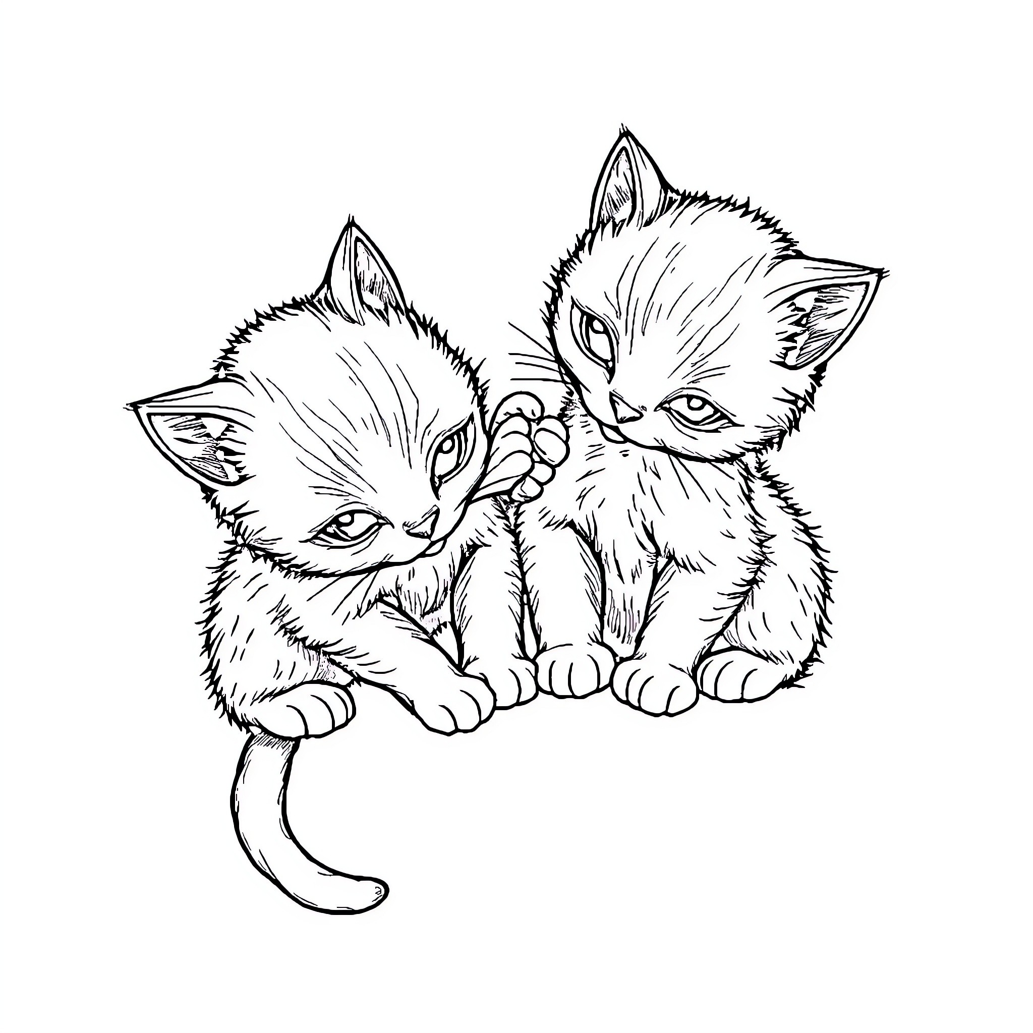 Cats in Playful Embrace Coloring Page (free black-and-white line drawing printable PDF for all, from beginners to advanced learners, including children, teens, adults, and seniors)