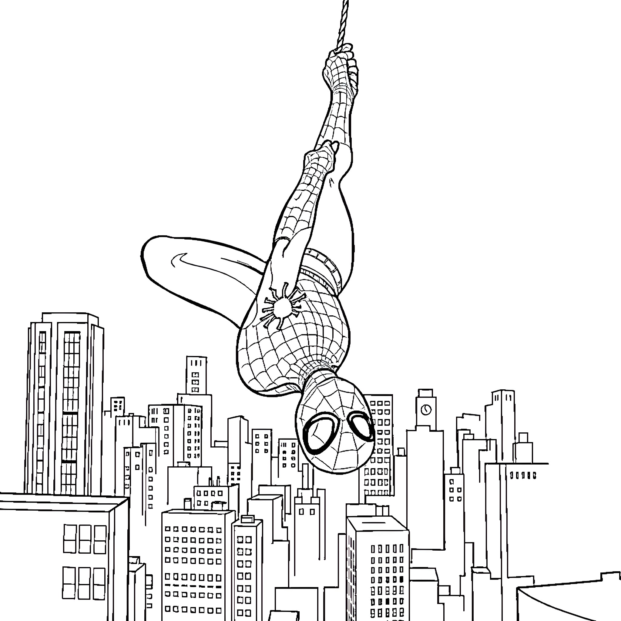 Spider-Man swinging through the city skyline Coloring Page (free black-and-white line drawing printable PDF for all, from beginners to advanced learners, including children, teens, adults, and seniors)