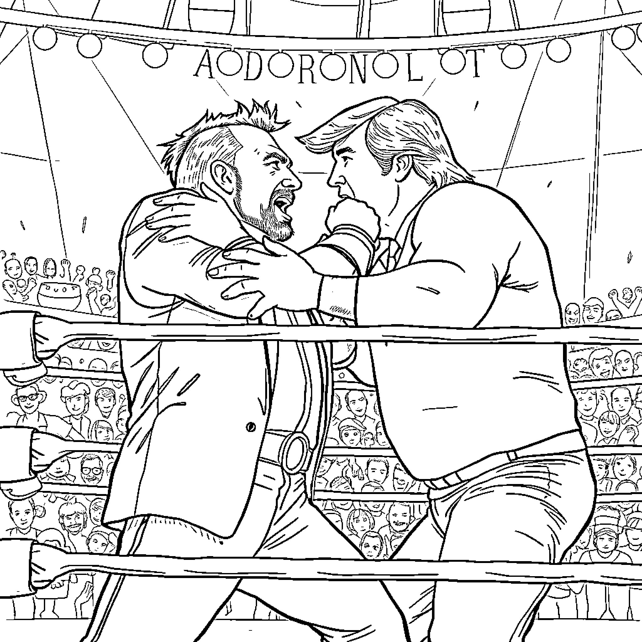 Wrestling two men in competition on stage Coloring Page (free black-and-white line drawing printable PDF for all, from beginners to advanced learners, including children, teens, adults, and seniors)