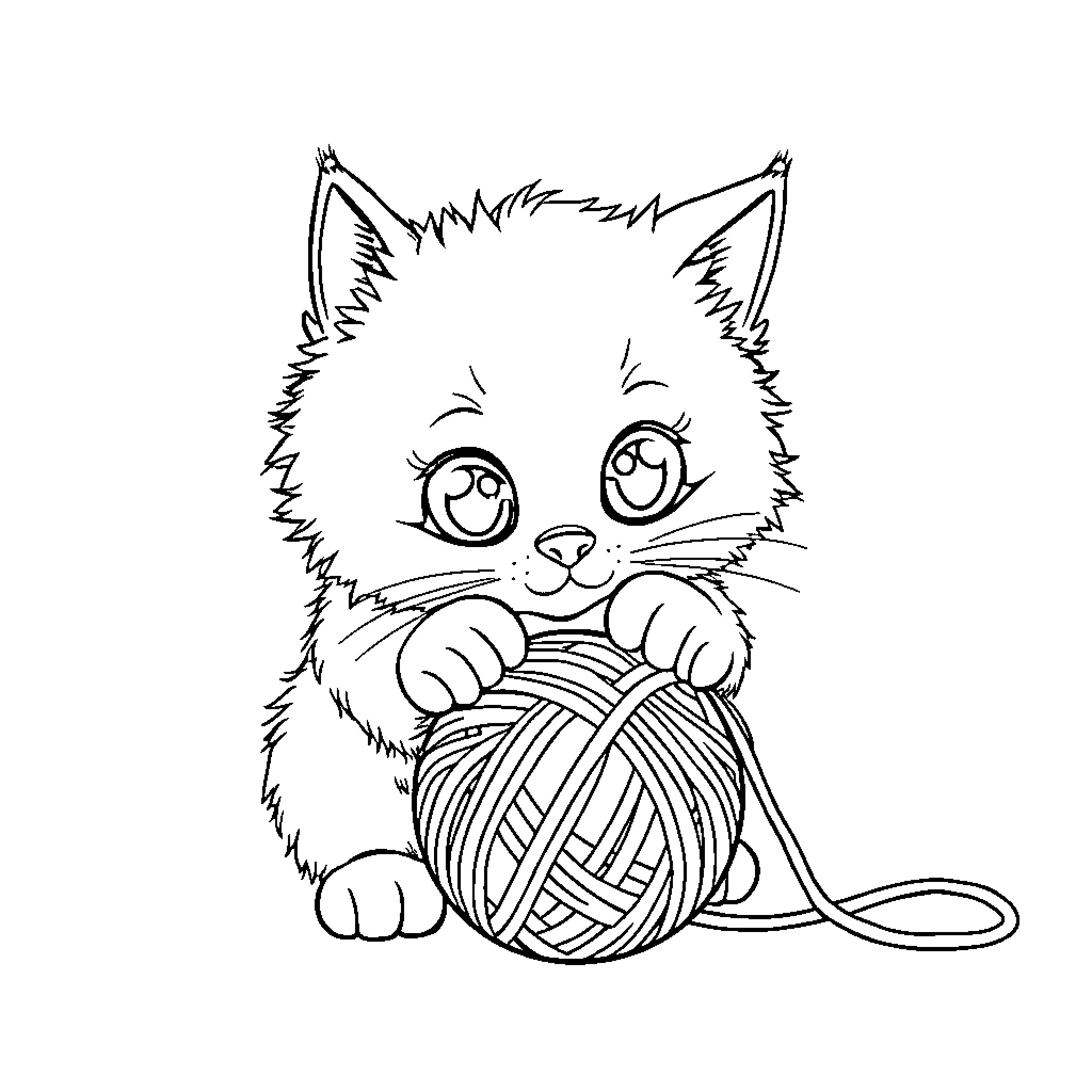 Cat playing with yarn ball Coloring Page (free black-and-white line drawing printable PDF for all, from beginners to advanced learners, including children, teens, adults, and seniors)