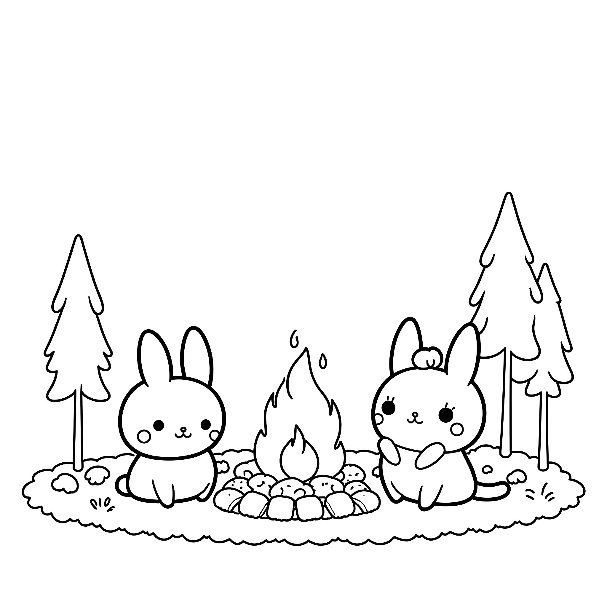Sanrio Characters Camping in the Woods Coloring Page (free black-and-white line drawing printable PDF for all, from beginners to advanced learners, including children, teens, adults, and seniors)