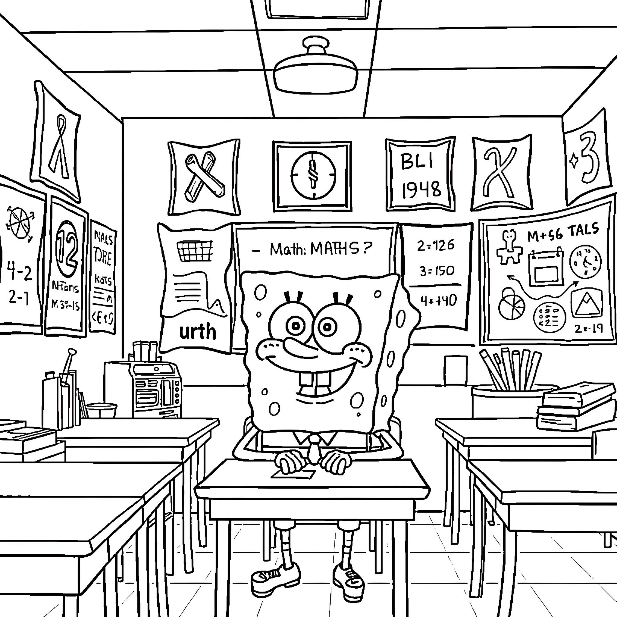 Spongebob in a classroom setting with school supplies Coloring Page (free black-and-white line drawing printable PDF for all, from beginners to advanced learners, including children, teens, adults, and seniors)
