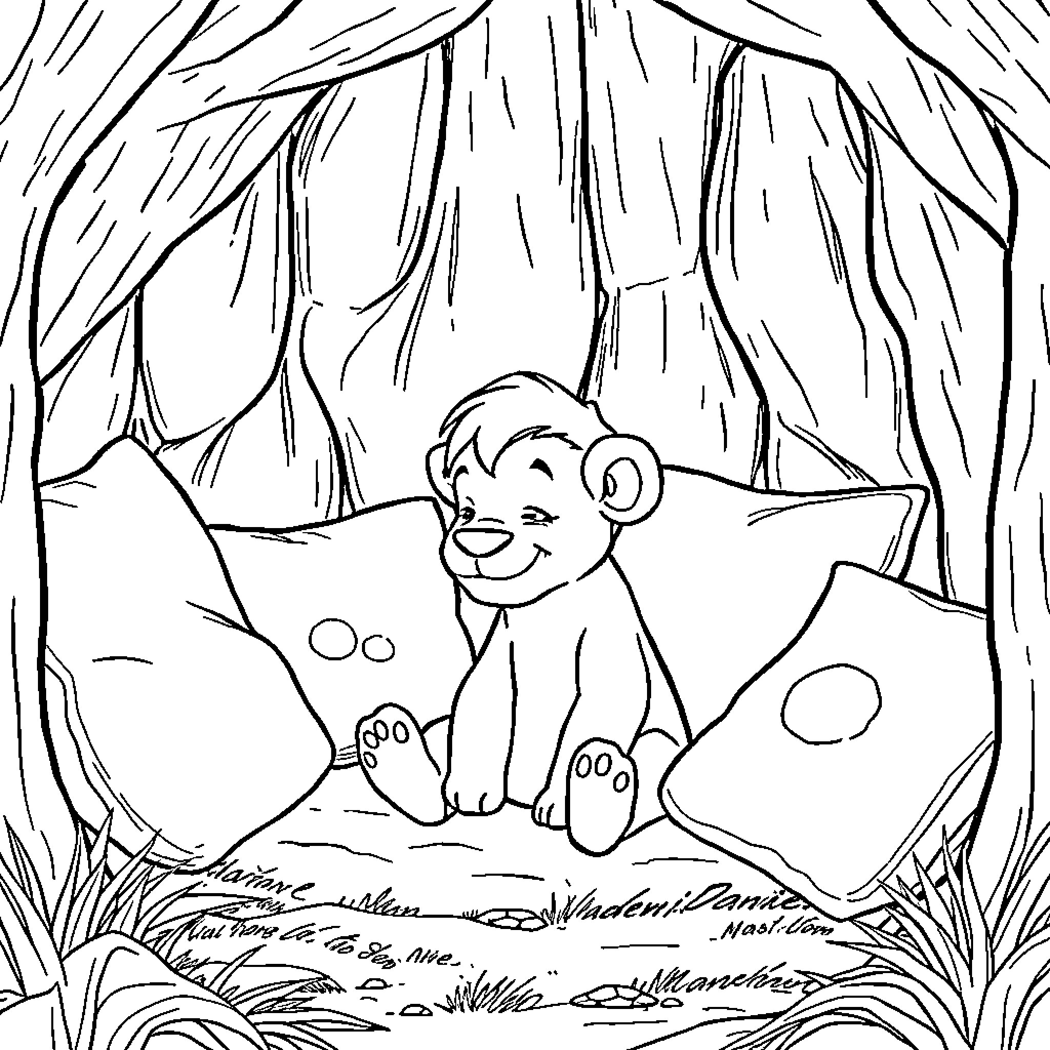 Daniel resting peacefully in the forest Coloring Page (free black-and-white line drawing printable PDF for all, from beginners to advanced learners, including children, teens, adults, and seniors)