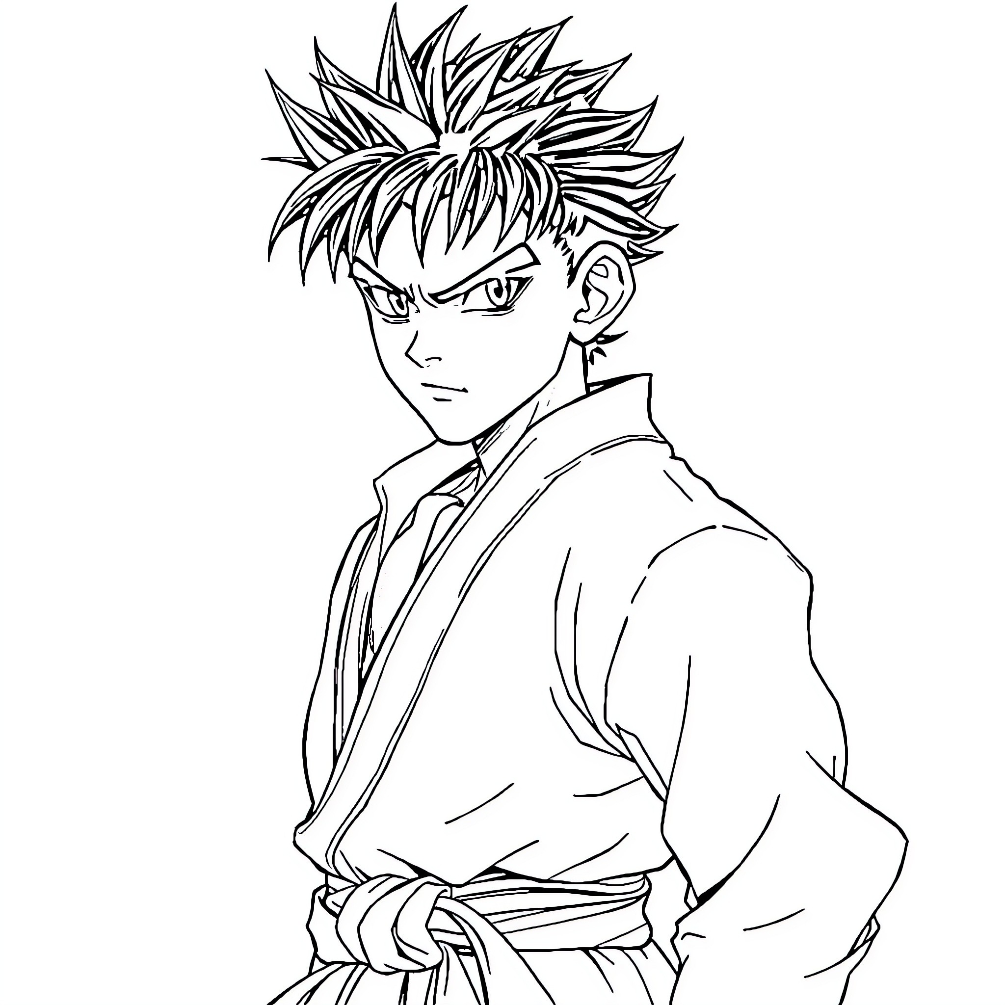 Kyo's determined expression in martial arts attire Coloring Page (free black-and-white line drawing printable PDF for all, from beginners to advanced learners, including children, teens, adults, and seniors)