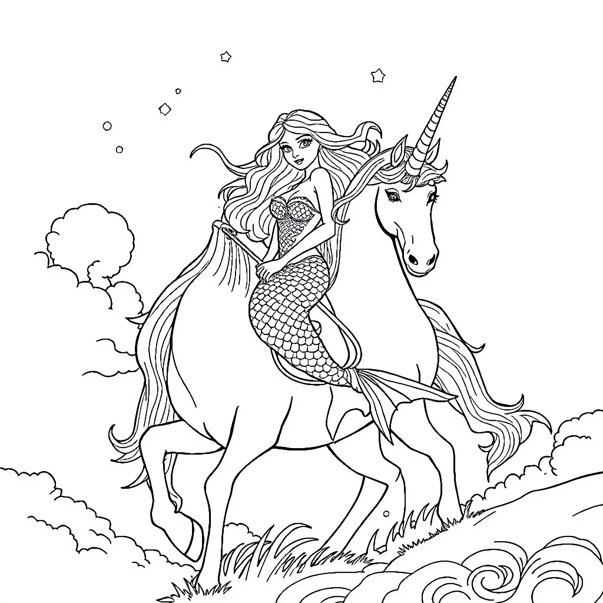 Mermaid riding a unicorn through the clouds Coloring Page (free black-and-white line drawing printable PDF for all, from beginners to advanced learners, including children, teens, adults, and seniors)