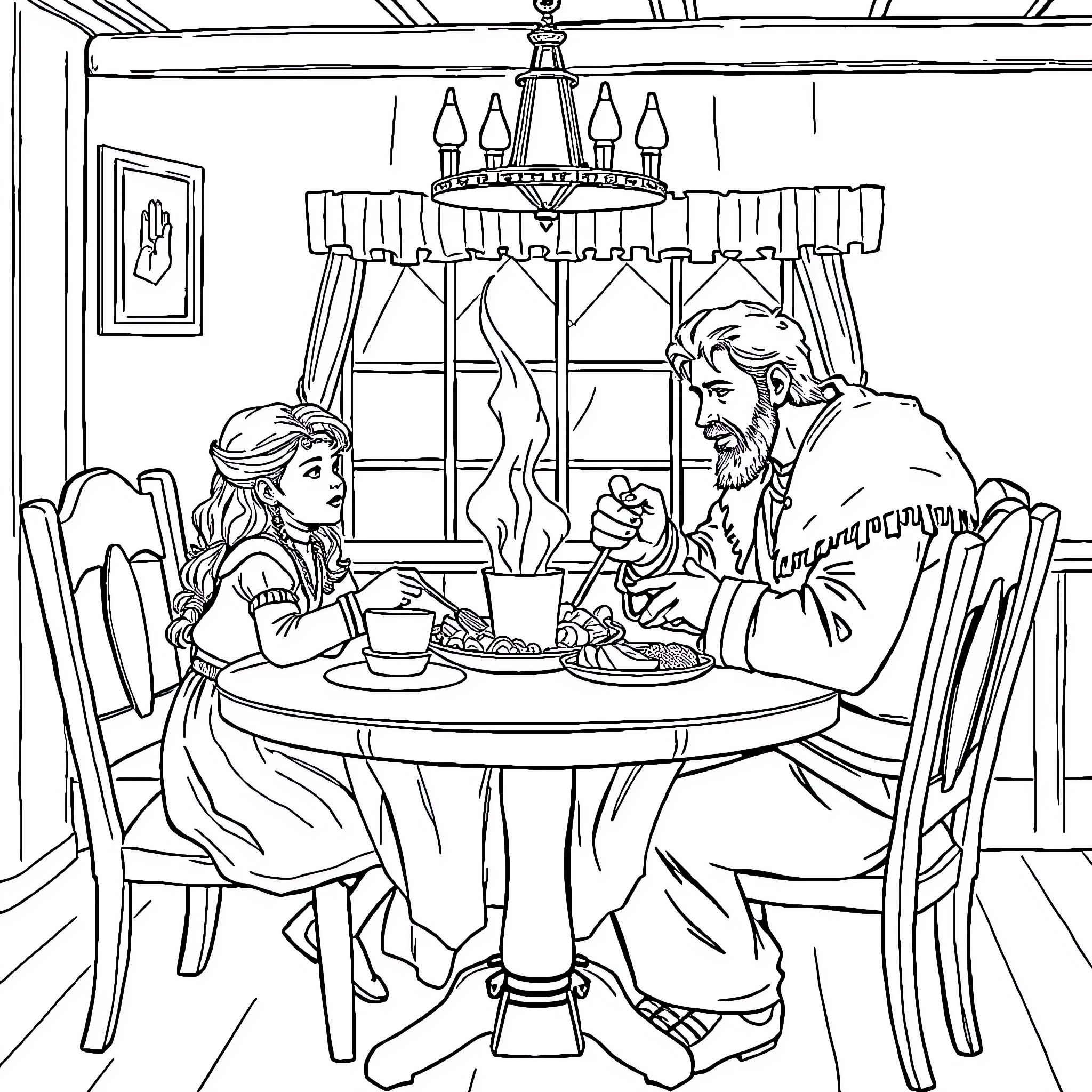 Daddy Enjoys Meal with Daughter in Cozy Home Coloring Page (free black-and-white line drawing printable PDF for all, from beginners to advanced learners, including children, teens, adults, and seniors)