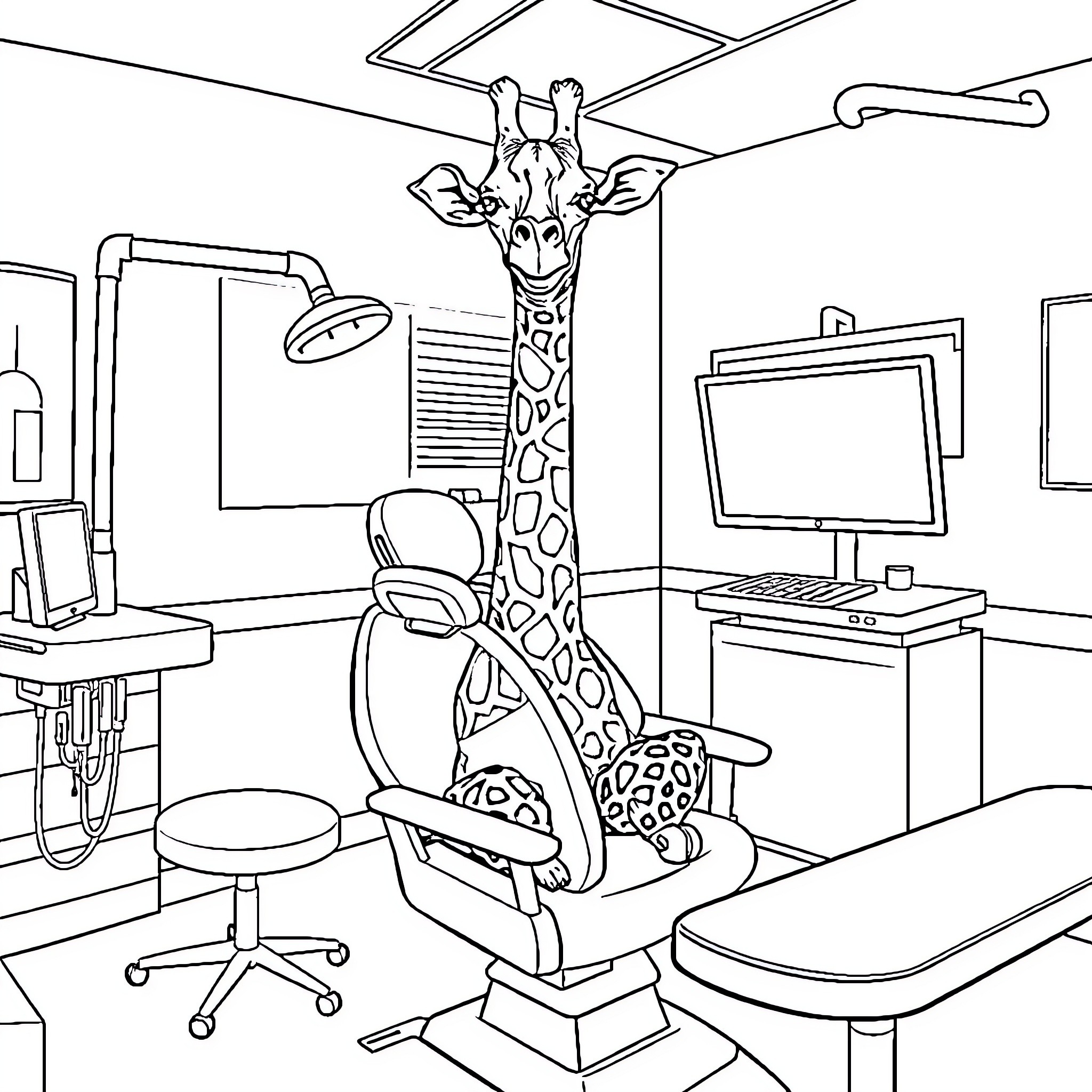 Giraffe enjoying a visit to the dentist Coloring Page (free black-and-white line drawing printable PDF for all, from beginners to advanced learners, including children, teens, adults, and seniors)