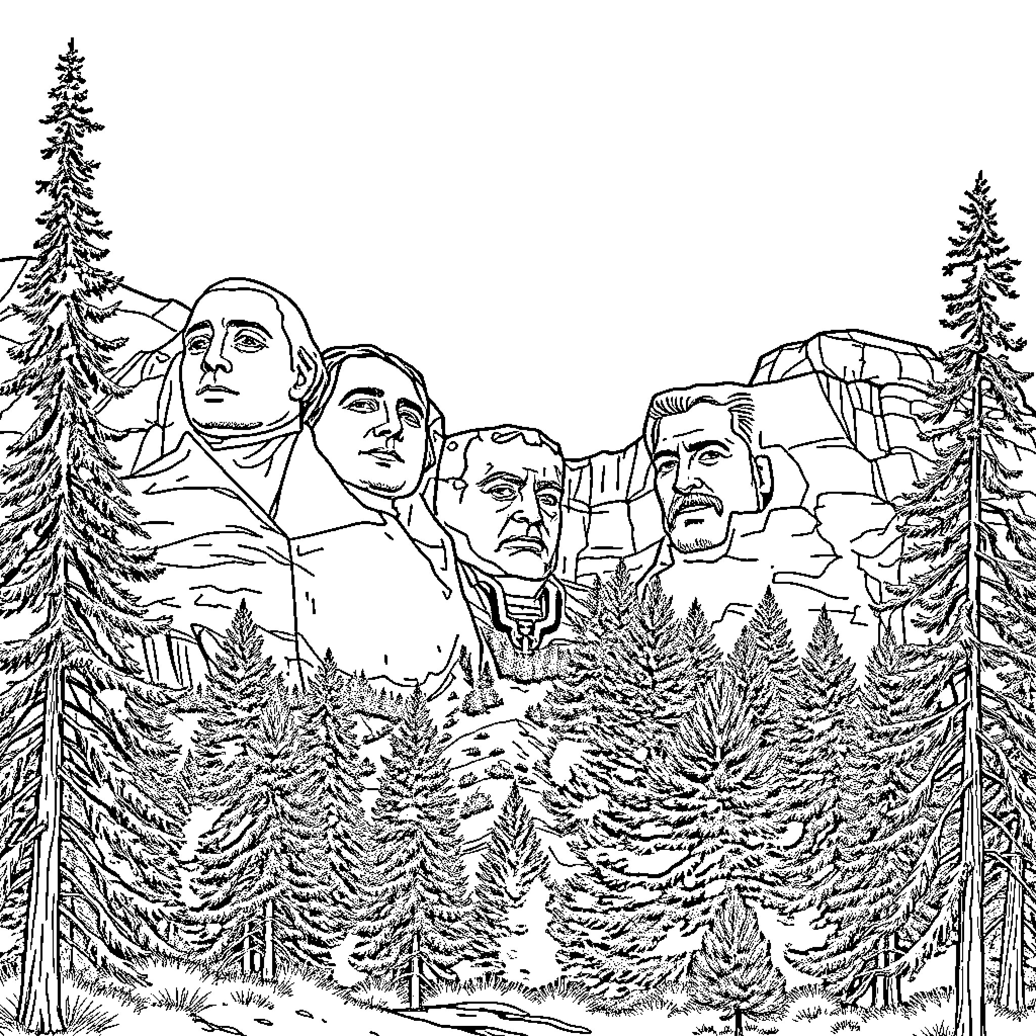 Mount Rushmore: Iconic Presidents Amid Towering Pines Coloring Page (free black-and-white line drawing printable PDF for all, from beginners to advanced learners, including children, teens, adults, and seniors)