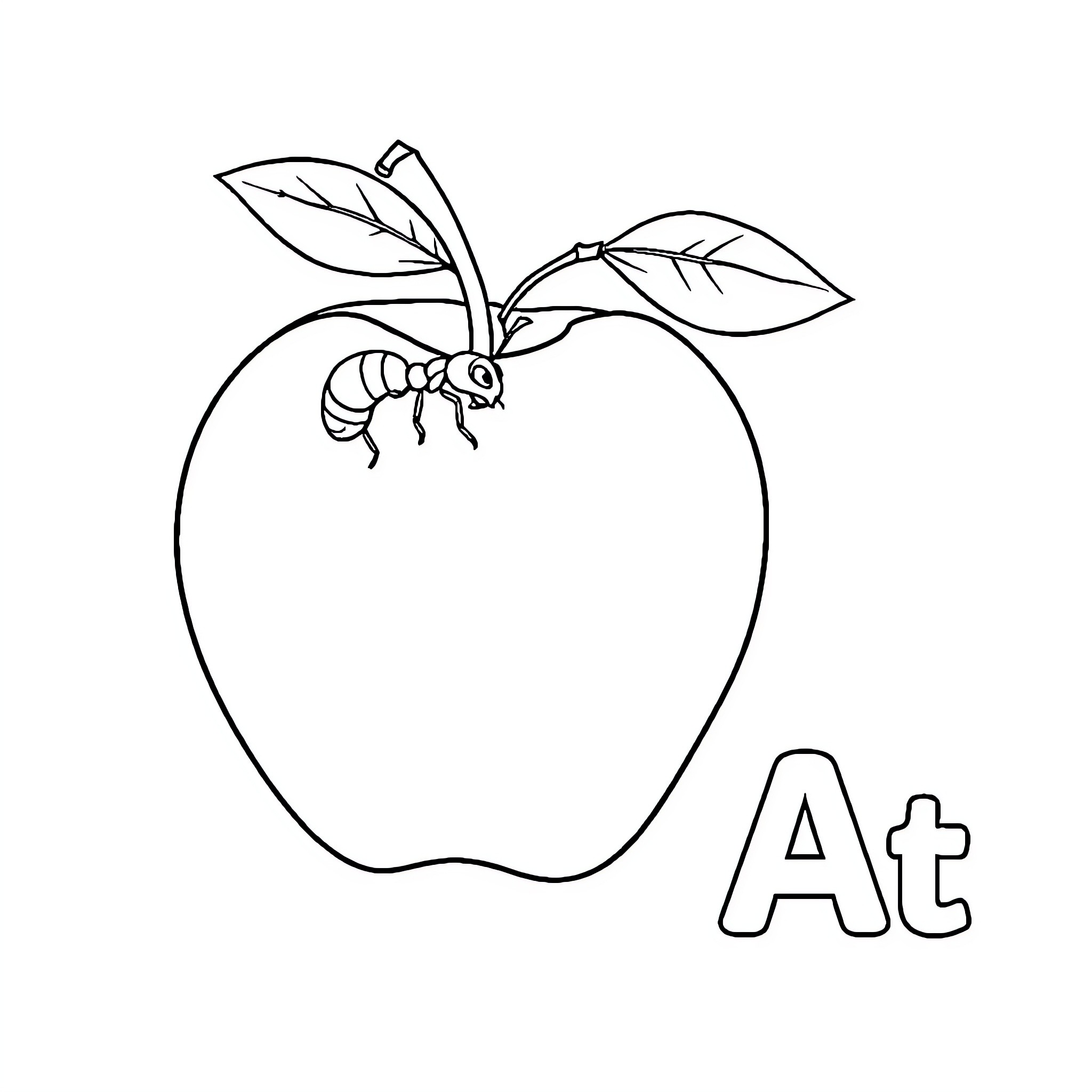 Letter A Adorned Apple Featuring Insect Coloring Page (free black-and-white line drawing printable PDF for all, from beginners to advanced learners, including children, teens, adults, and seniors)