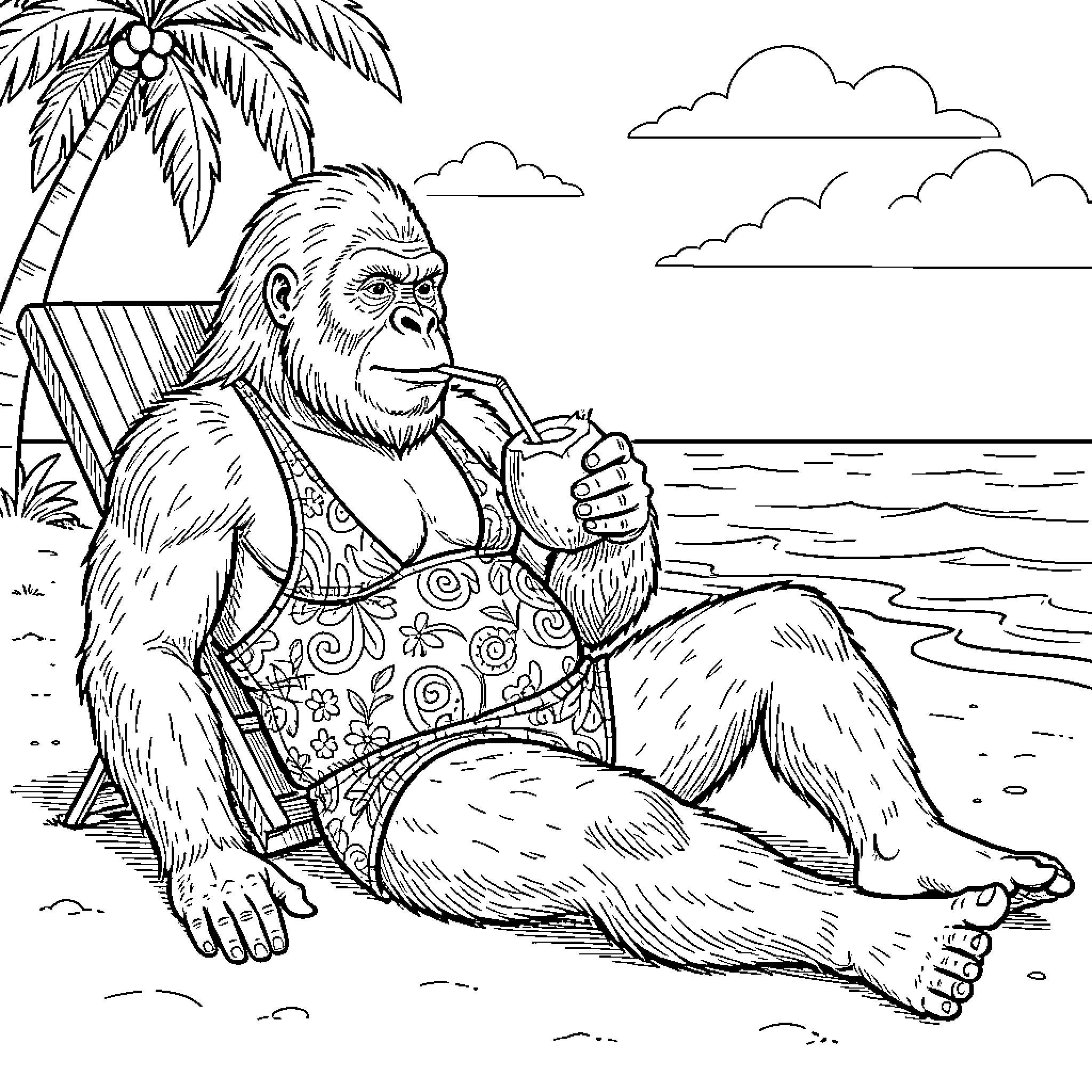 Sasquatch relaxing on the beach Coloring Page (free black-and-white line drawing printable PDF for all, from beginners to advanced learners, including children, teens, adults, and seniors)