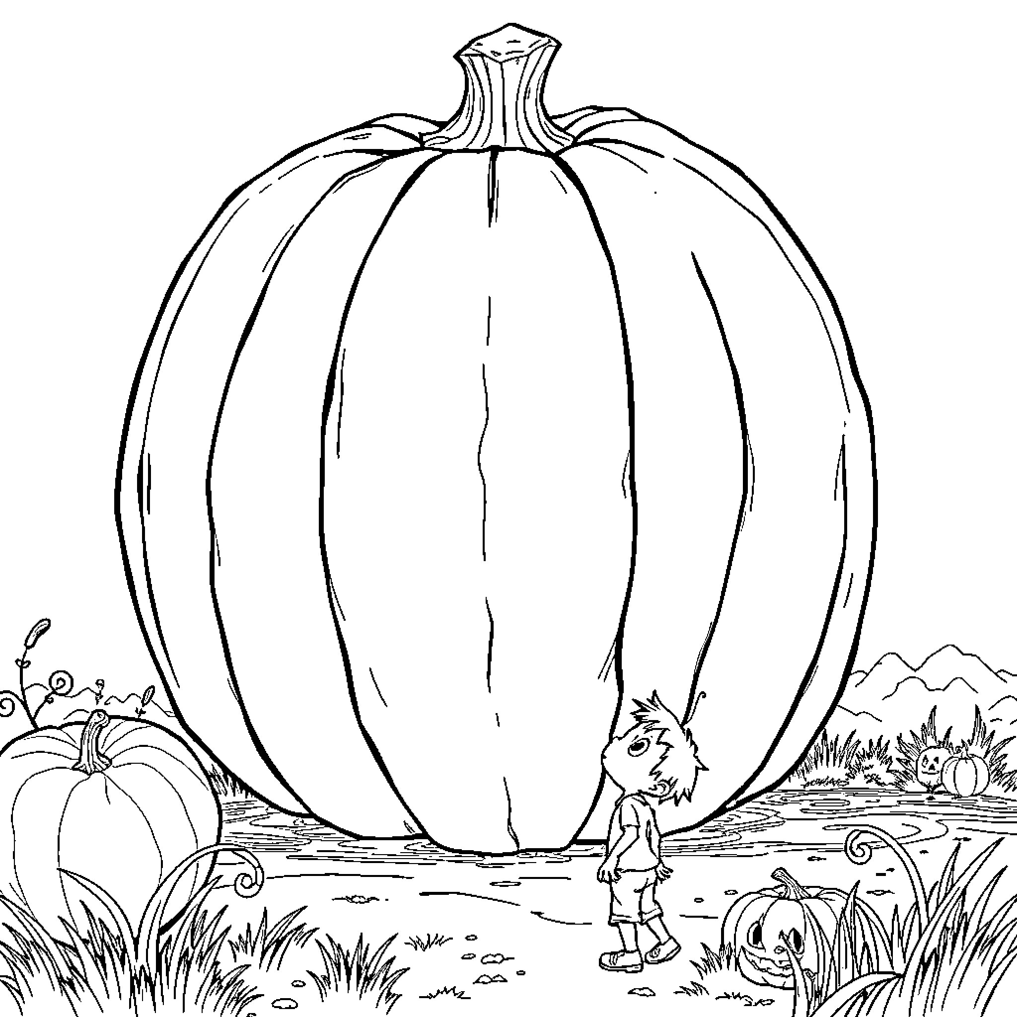 Pumpkin patch with curious child exploring Coloring Page (free black-and-white line drawing printable PDF for all, from beginners to advanced learners, including children, teens, adults, and seniors)