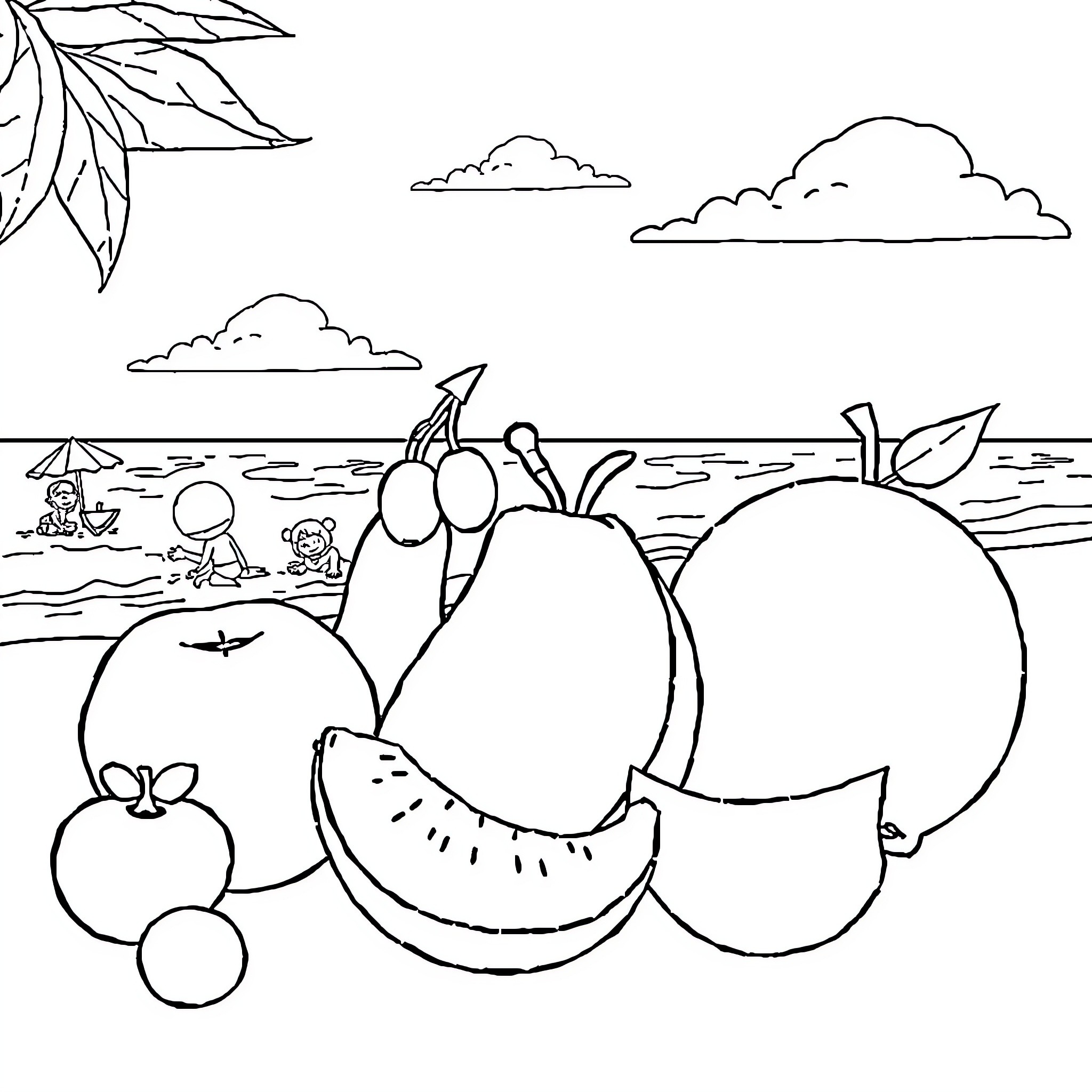 Fruit gathering on the beach Coloring Page (free black-and-white line drawing printable PDF for all, from beginners to advanced learners, including children, teens, adults, and seniors)