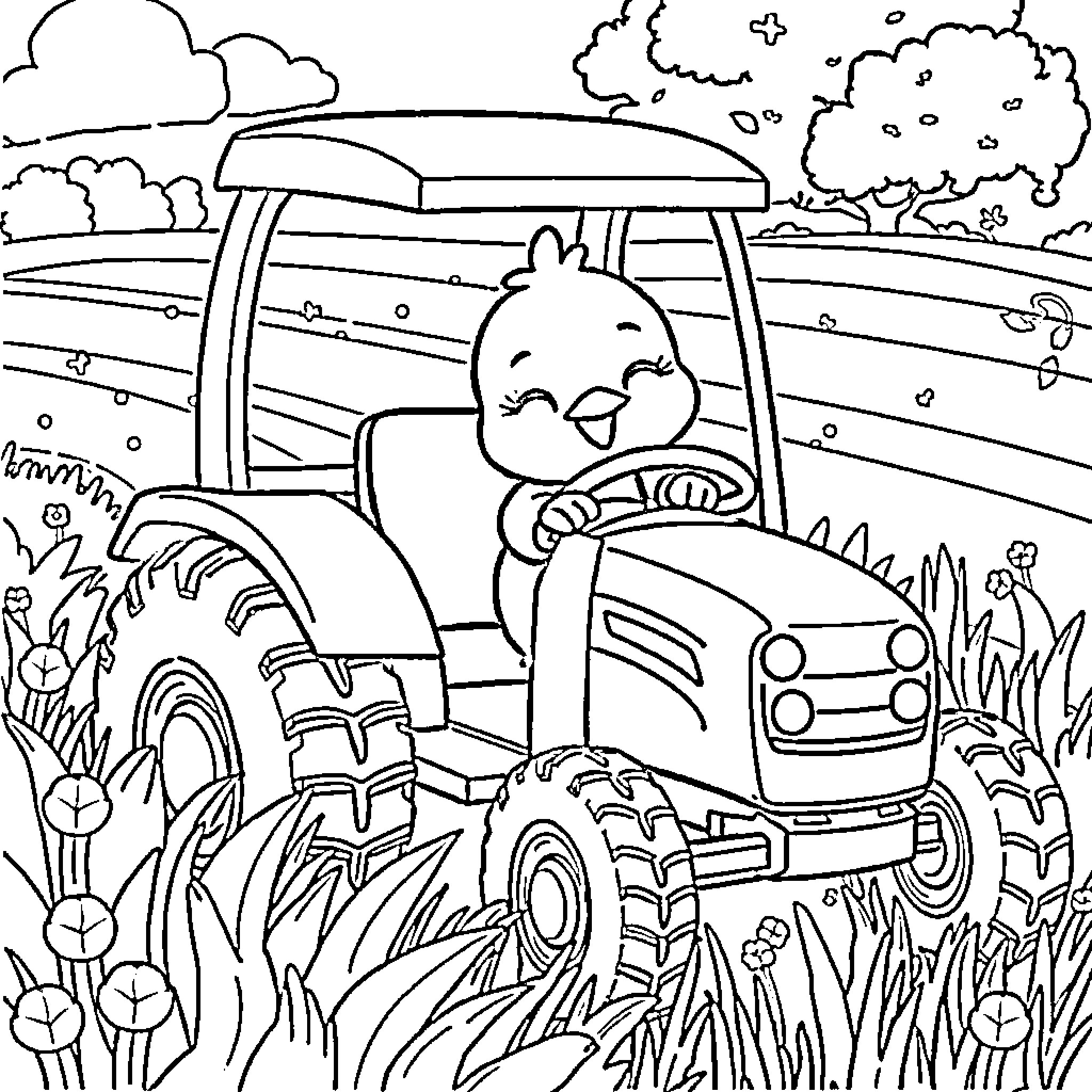 Bluey driving a tractor in the countryside Coloring Page (free black-and-white line drawing printable PDF for all, from beginners to advanced learners, including children, teens, adults, and seniors)