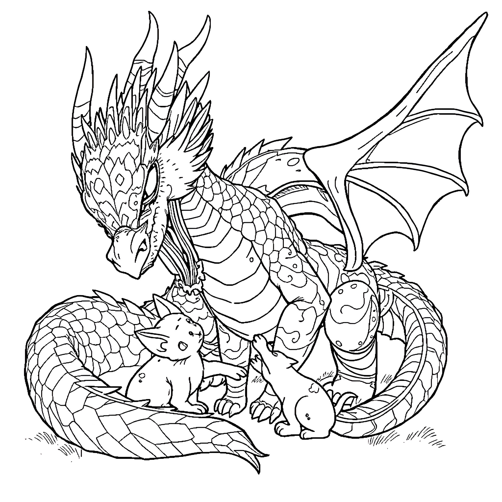 Dragon guarding its hatchlings in the nest Coloring Page (free black-and-white line drawing printable PDF for all, from beginners to advanced learners, including children, teens, adults, and seniors)