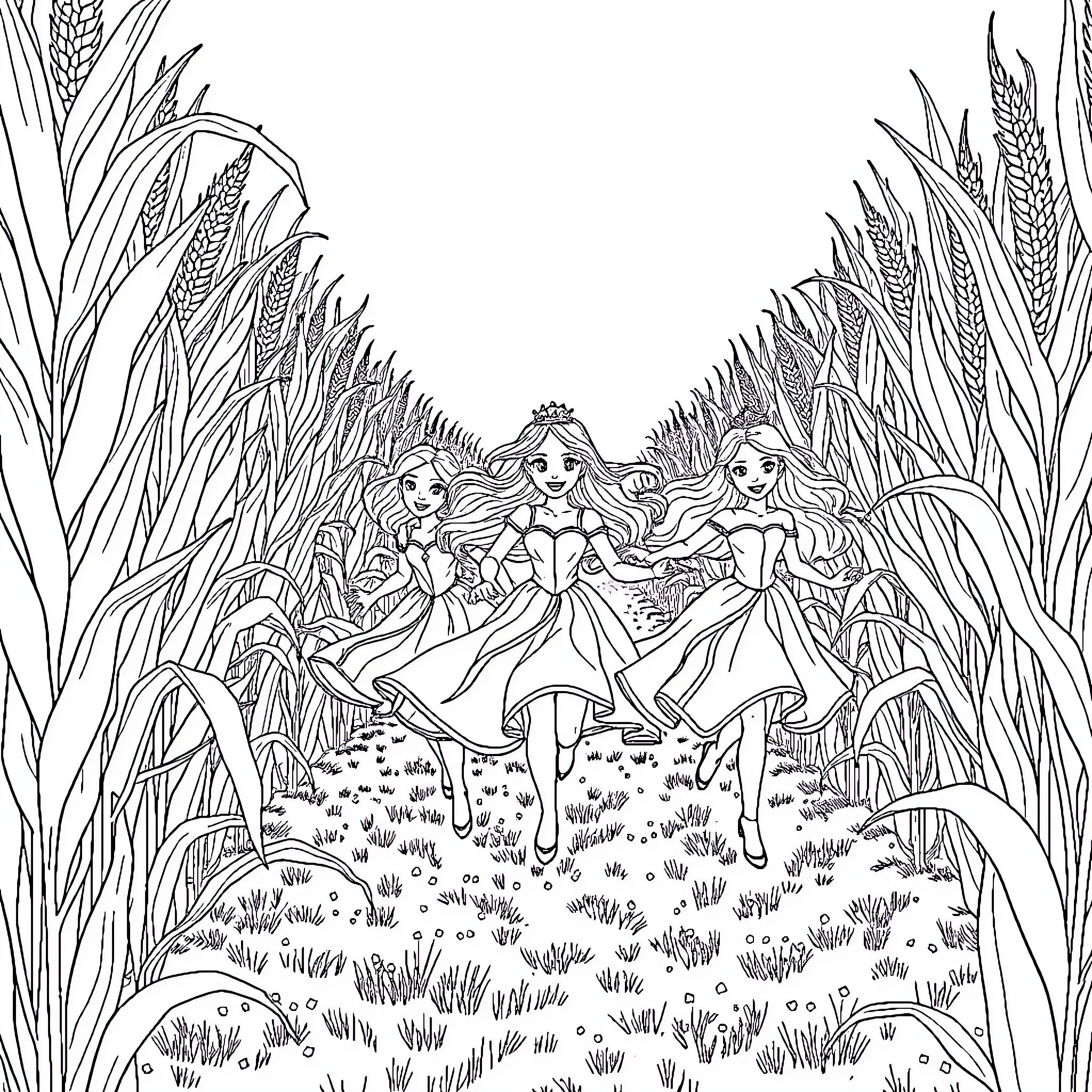 Princess and her friends explore the enchanted meadow Coloring Page (free black-and-white line drawing printable PDF for all, from beginners to advanced learners, including children, teens, adults, and seniors)