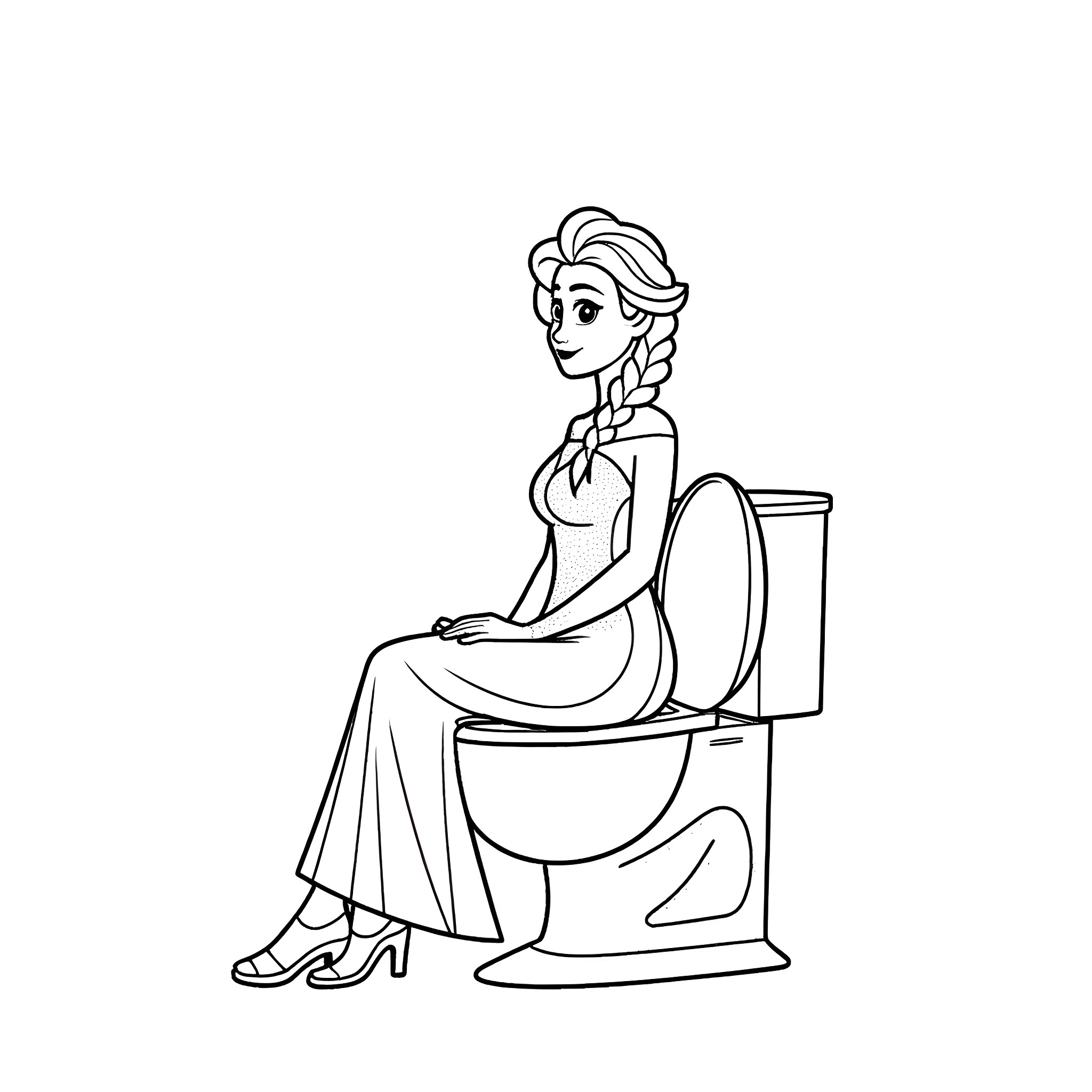 Elsa sitting on the toilet in her dress Coloring Page (free black-and-white line drawing printable PDF for all, from beginners to advanced learners, including children, teens, adults, and seniors)