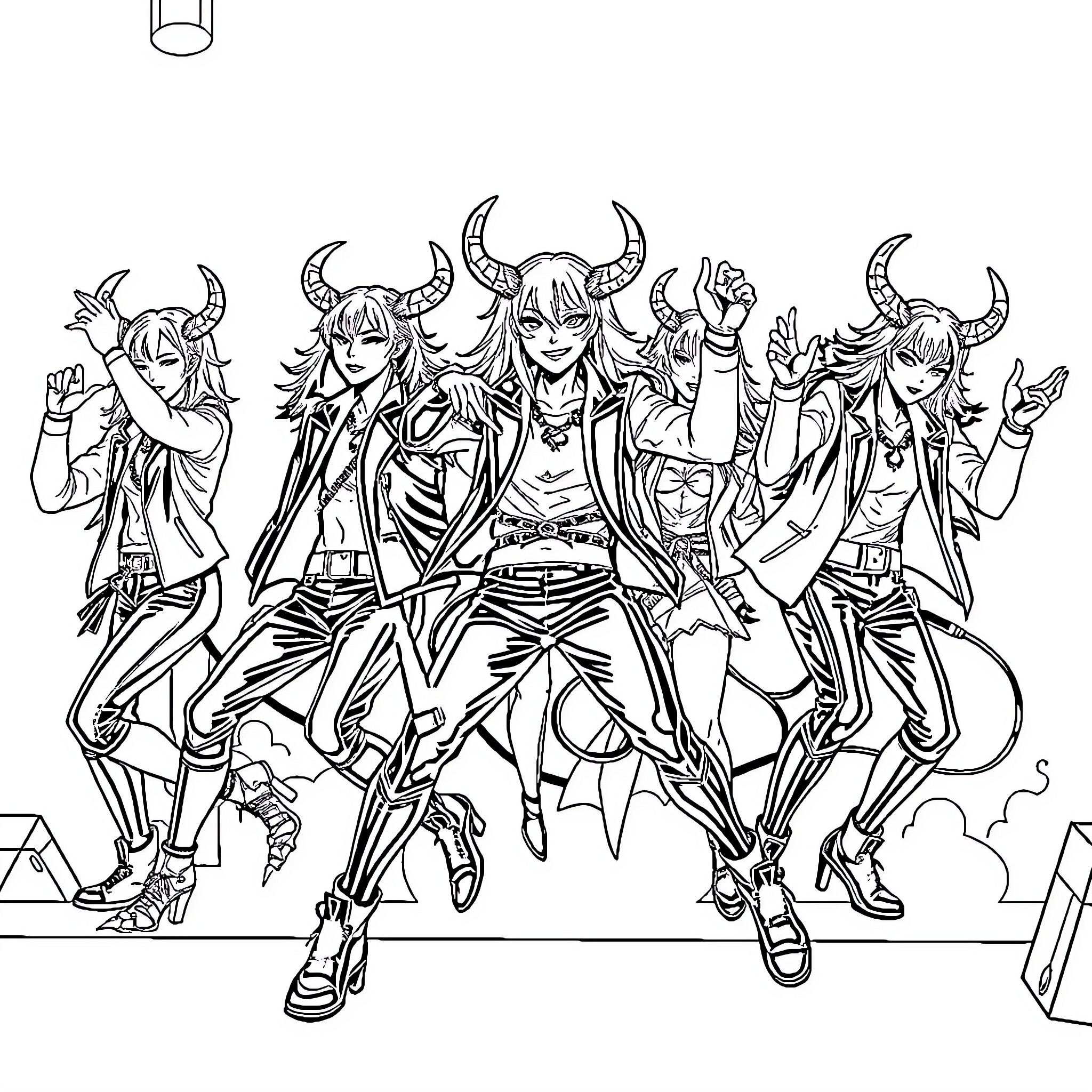 Demon Hunters strike a fearsome pose Coloring Page (free black-and-white line drawing printable PDF for all, from beginners to advanced learners, including children, teens, adults, and seniors)