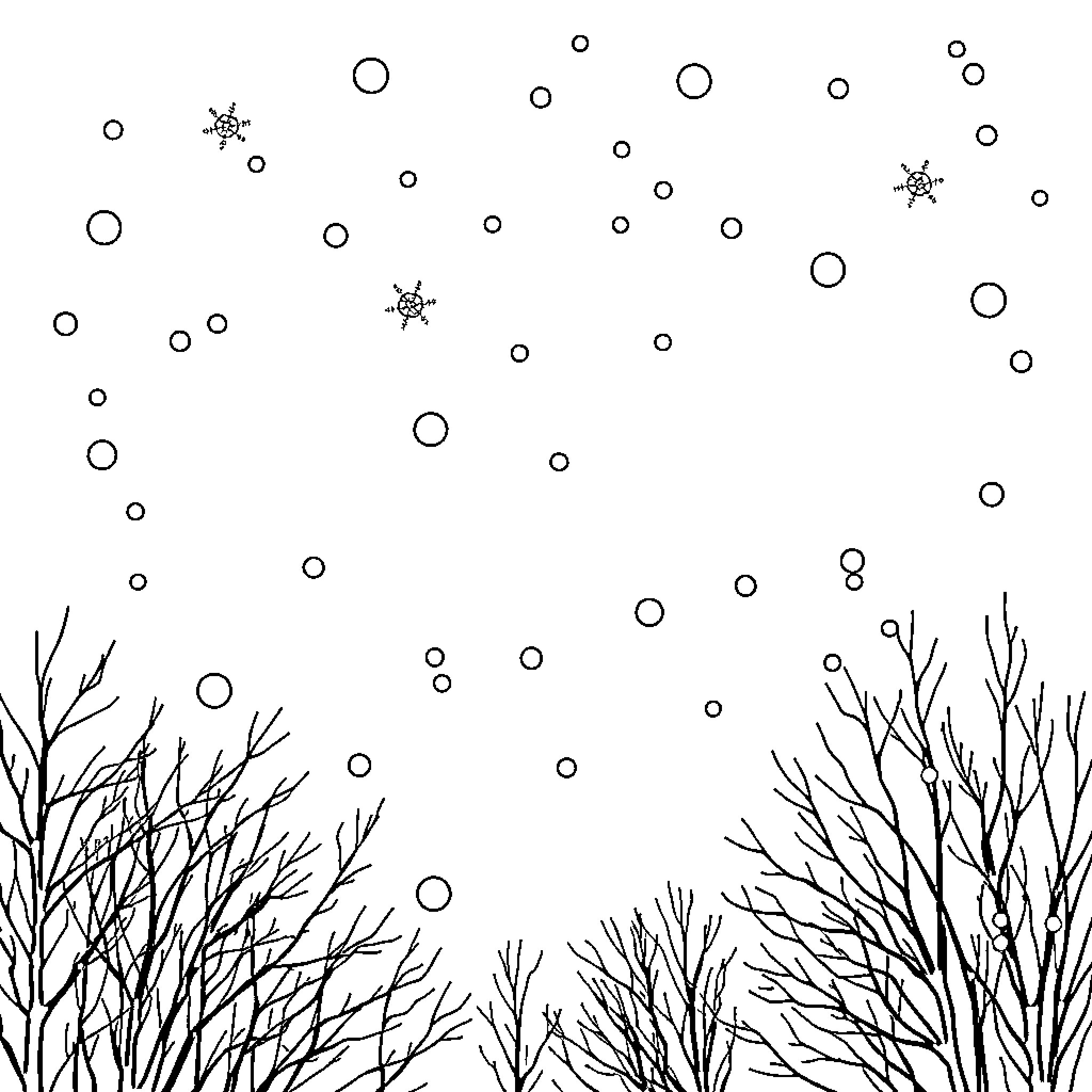Winter Snowy Scenery with Silhouetted Branches Coloring Page (free black-and-white line drawing printable PDF for all, from beginners to advanced learners, including children, teens, adults, and seniors)