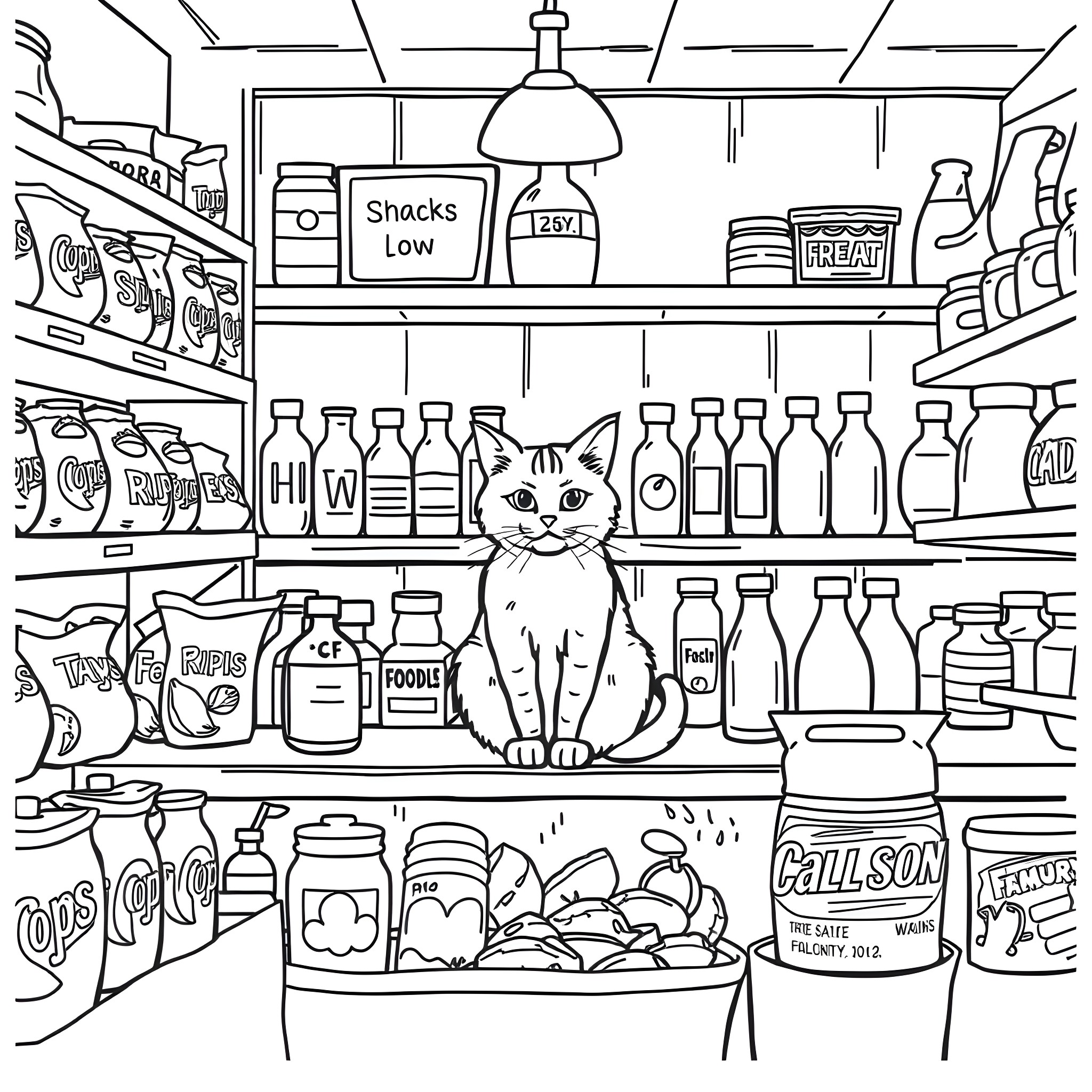 Cat exploring a convenience store Coloring Page (free black-and-white line drawing printable PDF for all, from beginners to advanced learners, including children, teens, adults, and seniors)