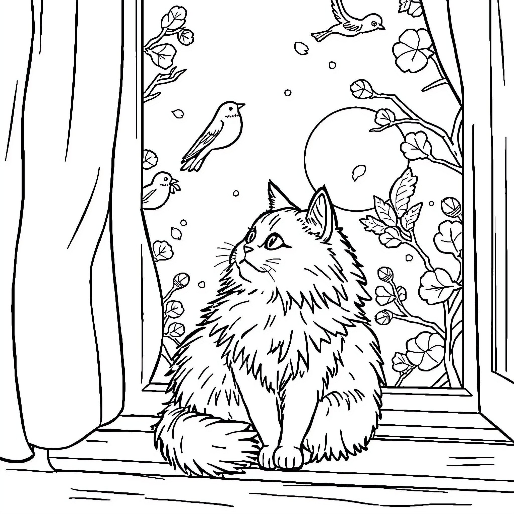 Cat enjoying the garden view Coloring Page (free black-and-white line drawing printable PDF for all, from beginners to advanced learners, including children, teens, adults, and seniors)