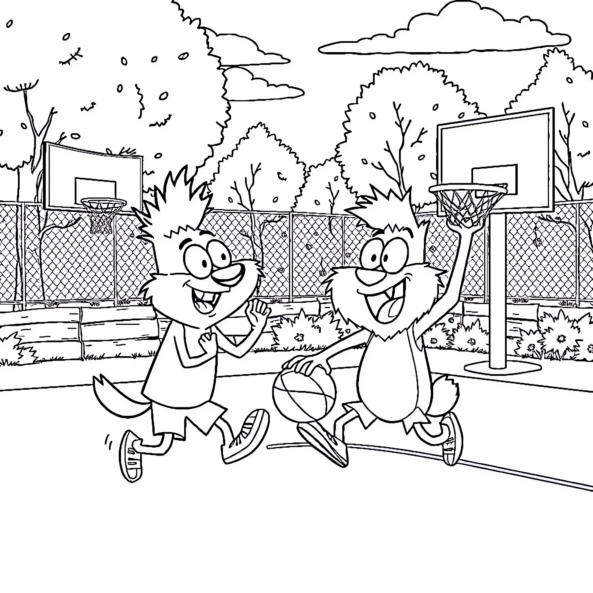 Regular Show Characters Playing Basketball on the Court Coloring Page (free black-and-white line drawing printable PDF for all, from beginners to advanced learners, including children, teens, adults, and seniors)