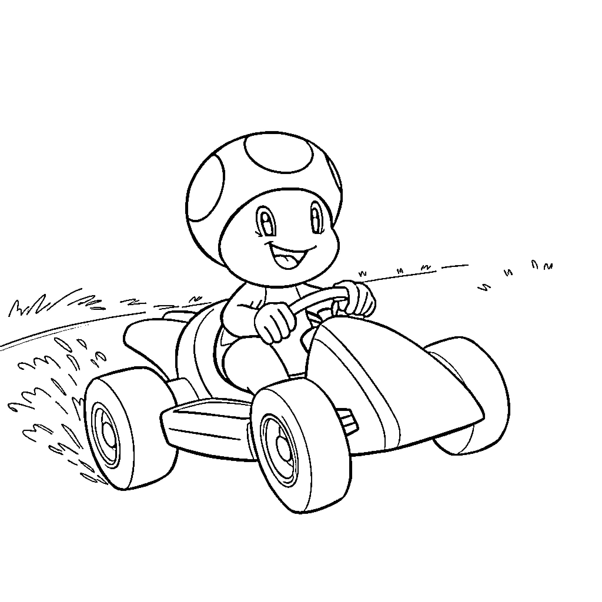 Toad riding a speeding kart happily Coloring Page (free black-and-white line drawing printable PDF for all, from beginners to advanced learners, including children, teens, adults, and seniors)