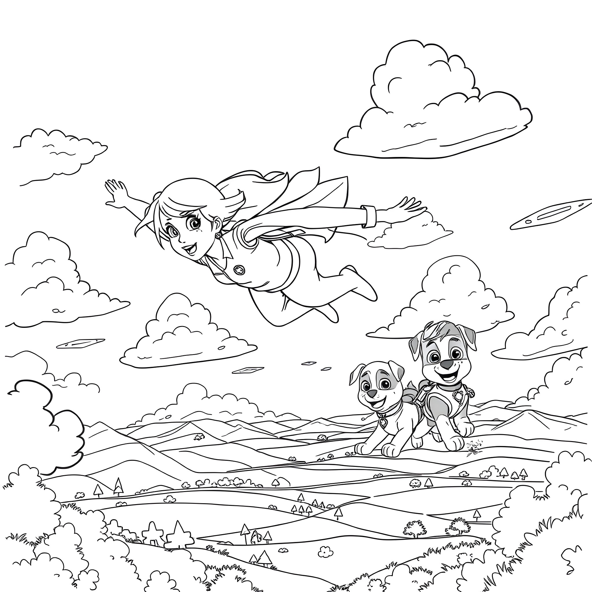 Taylor Swift soaring through the sky with cartoon dogs Coloring Page (free black-and-white line drawing printable PDF for all, from beginners to advanced learners, including children, teens, adults, and seniors)