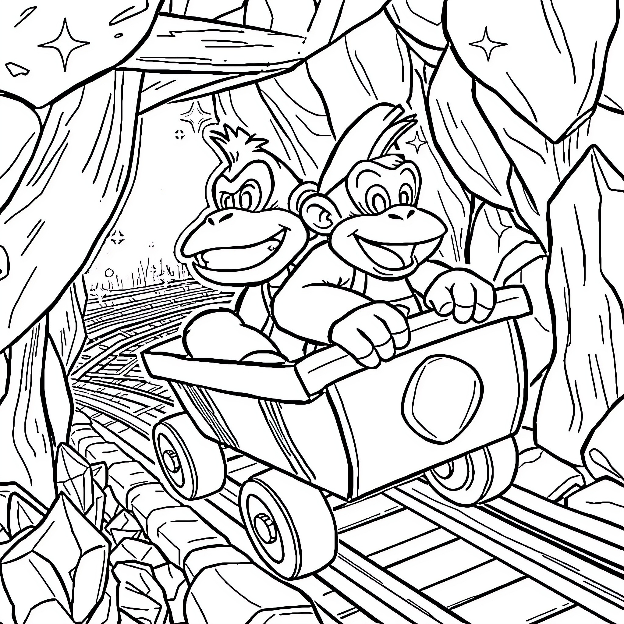 Donkey Kong characters in a cart on a jungle trail Coloring Page (free black-and-white line drawing printable PDF for all, from beginners to advanced learners, including children, teens, adults, and seniors)