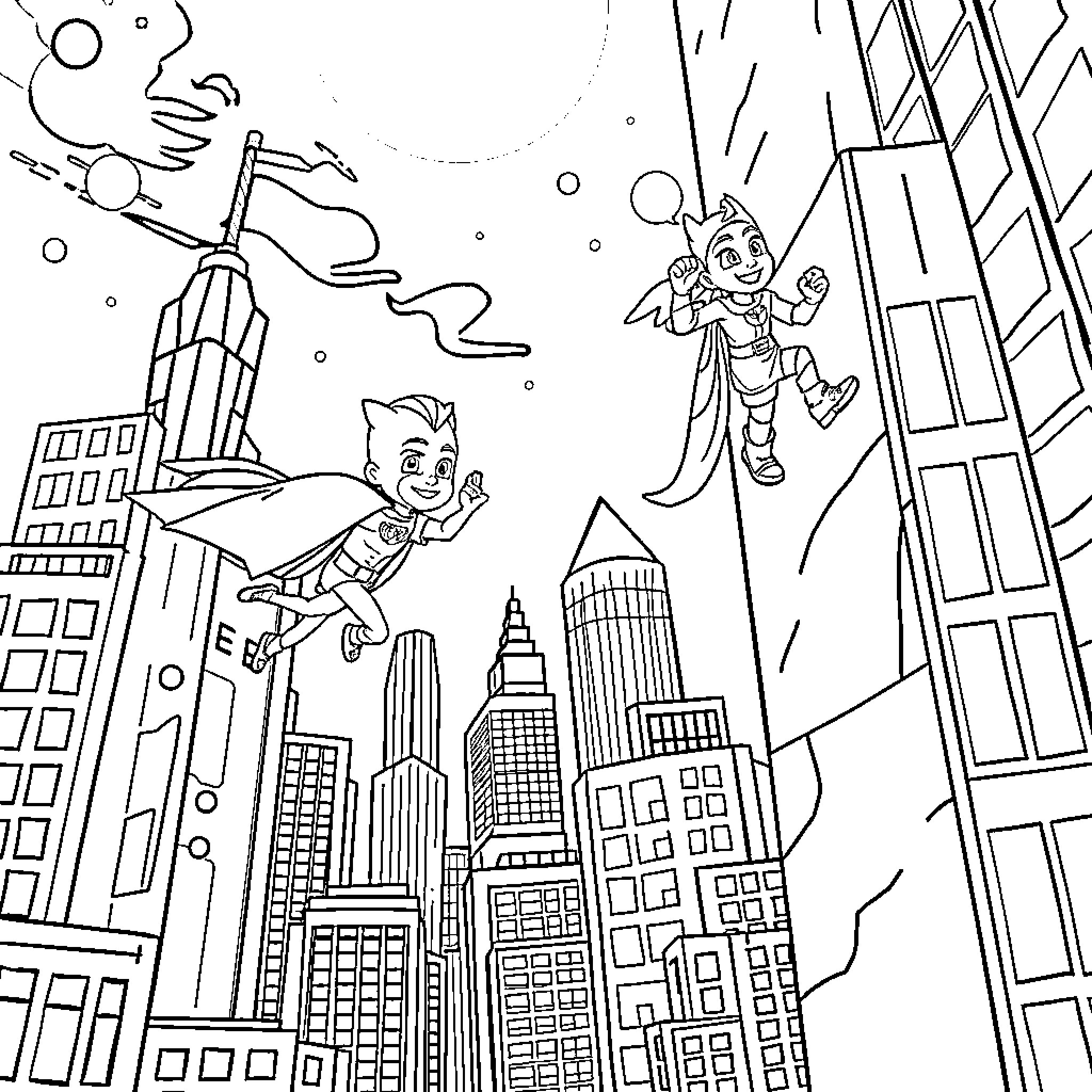 Pj Mask Heroes Soaring Over City Coloring Page (free black-and-white line drawing printable PDF for all, from beginners to advanced learners, including children, teens, adults, and seniors)