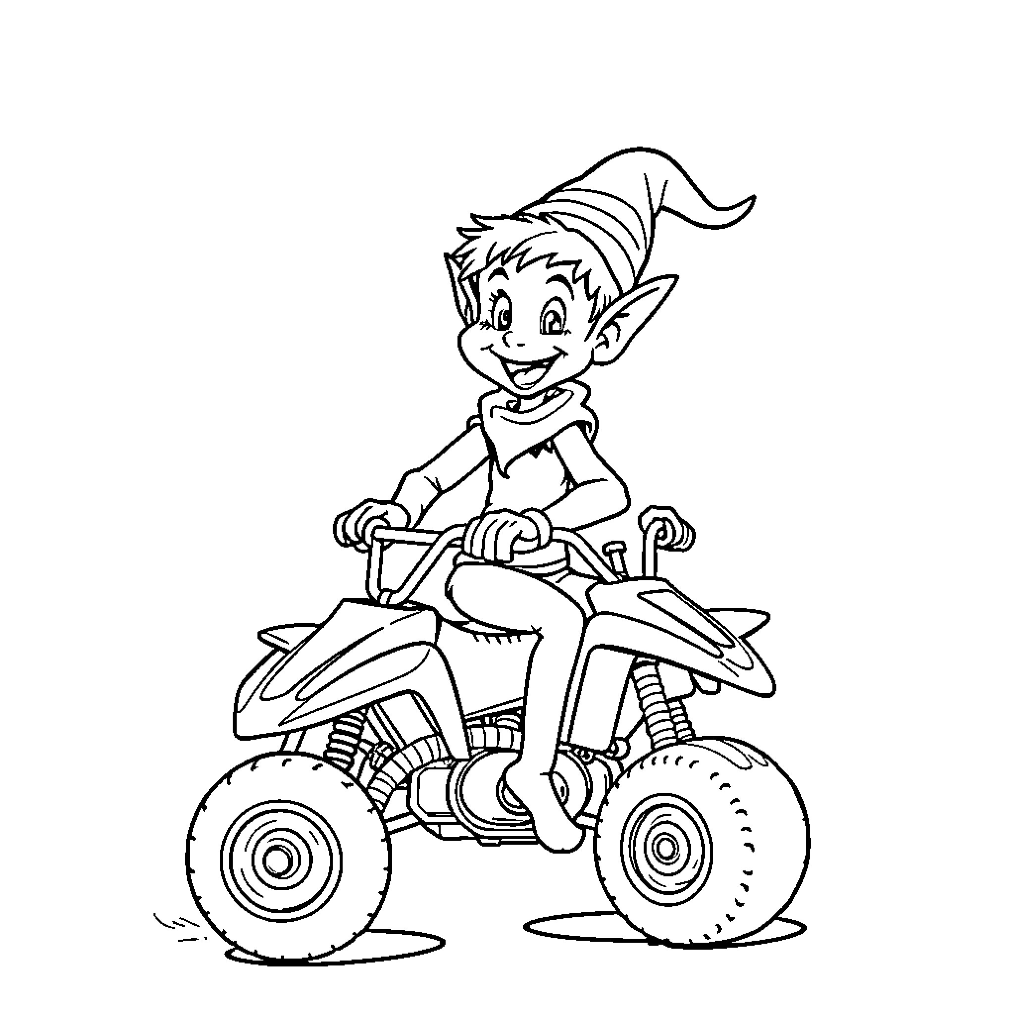 Elf riding a fun all-terrain vehicle Coloring Page (free black-and-white line drawing printable PDF for all, from beginners to advanced learners, including children, teens, adults, and seniors)