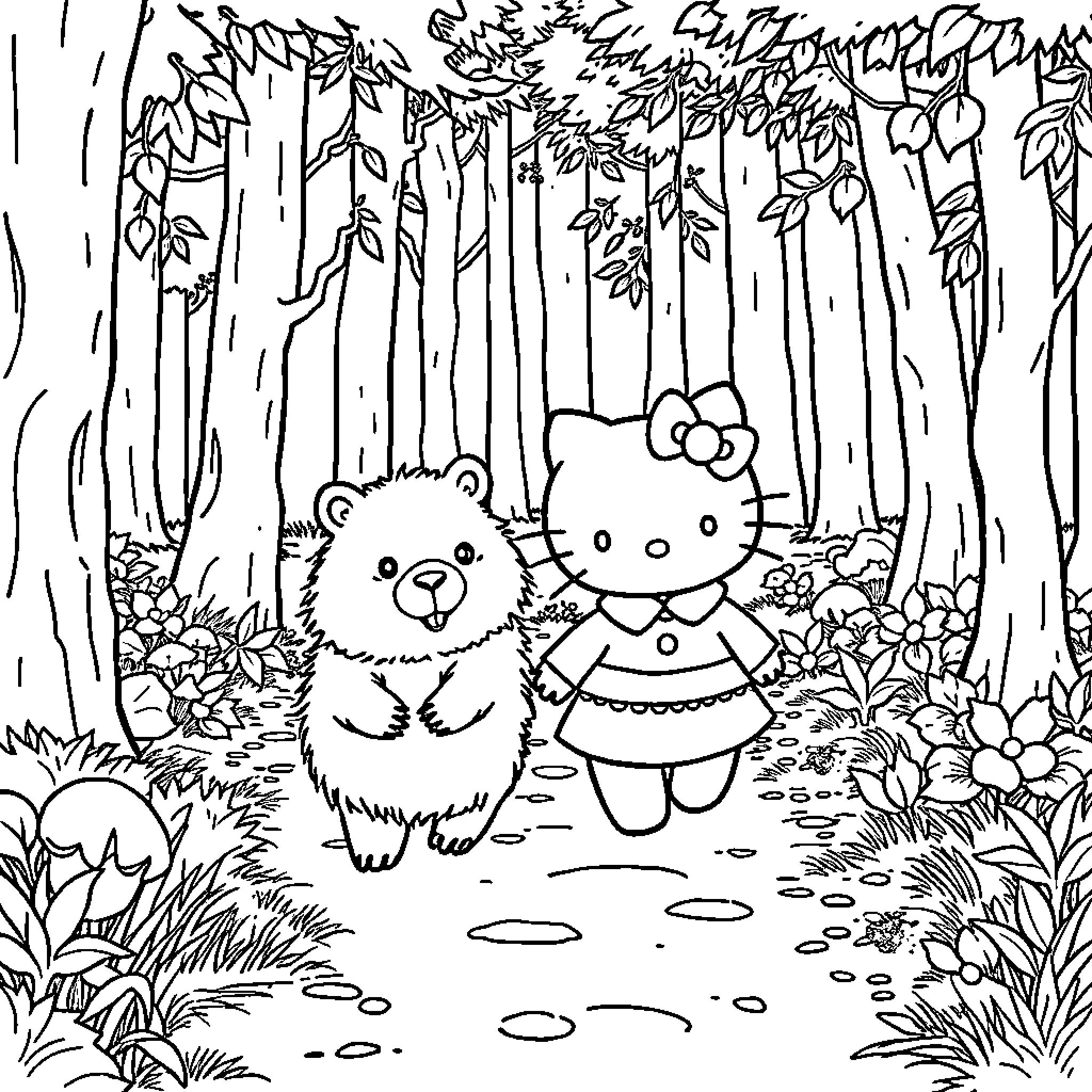 Capybara and a cute character walking through a forest Coloring Page (free black-and-white line drawing printable PDF for all, from beginners to advanced learners, including children, teens, adults, and seniors)