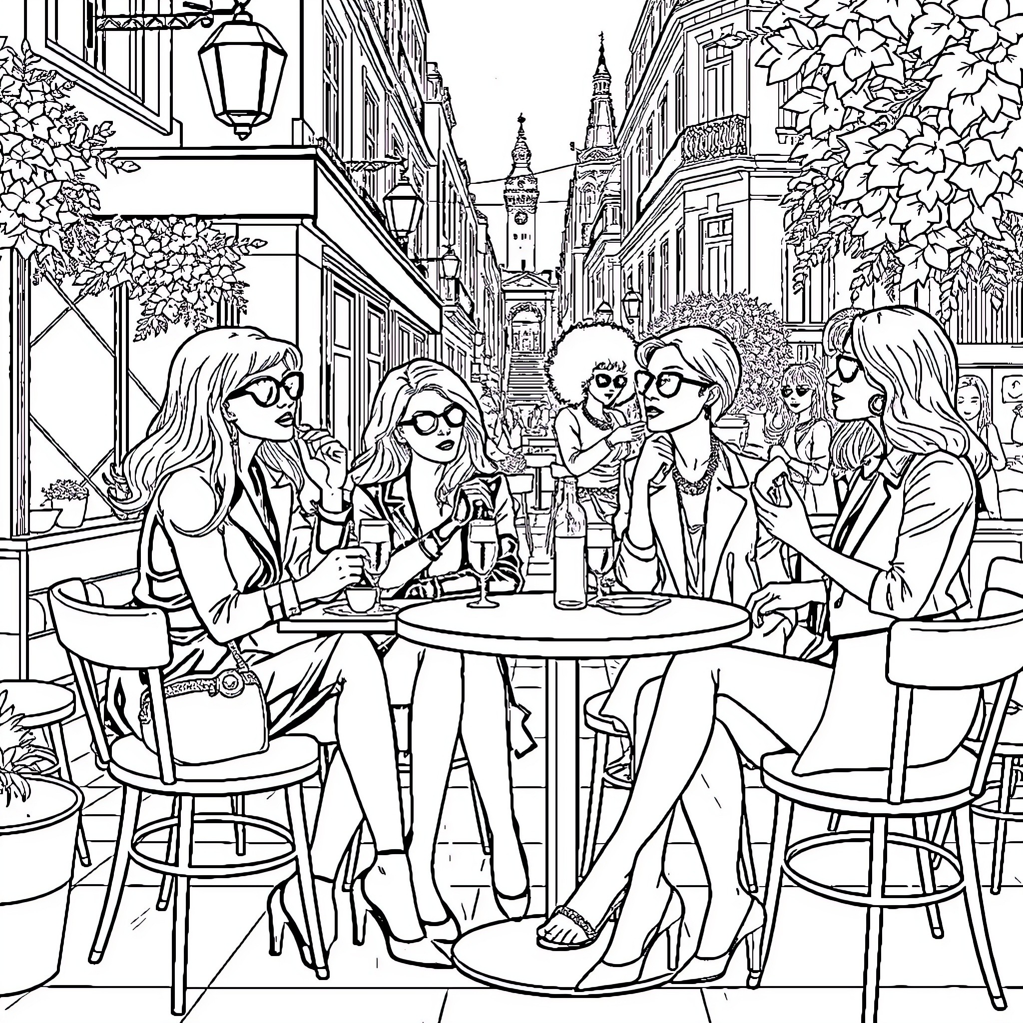 Housewives enjoying coffee and conversation in a quaint city street Coloring Page (free black-and-white line drawing printable PDF for all, from beginners to advanced learners, including children, teens, adults, and seniors)