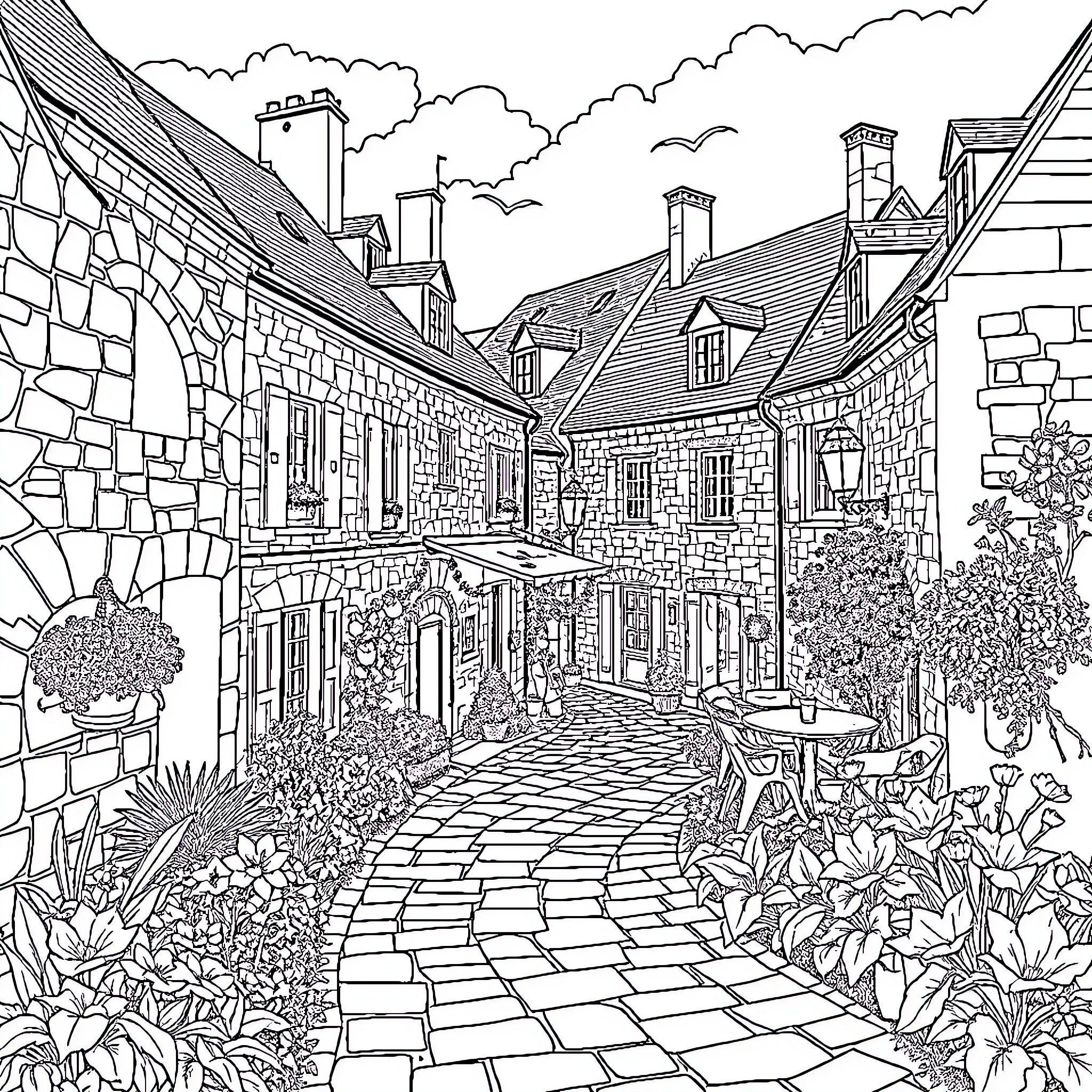 Rochefort en Terre: Charming Medieval Village Scenery Coloring Page (free black-and-white line drawing printable PDF for all, from beginners to advanced learners, including children, teens, adults, and seniors)