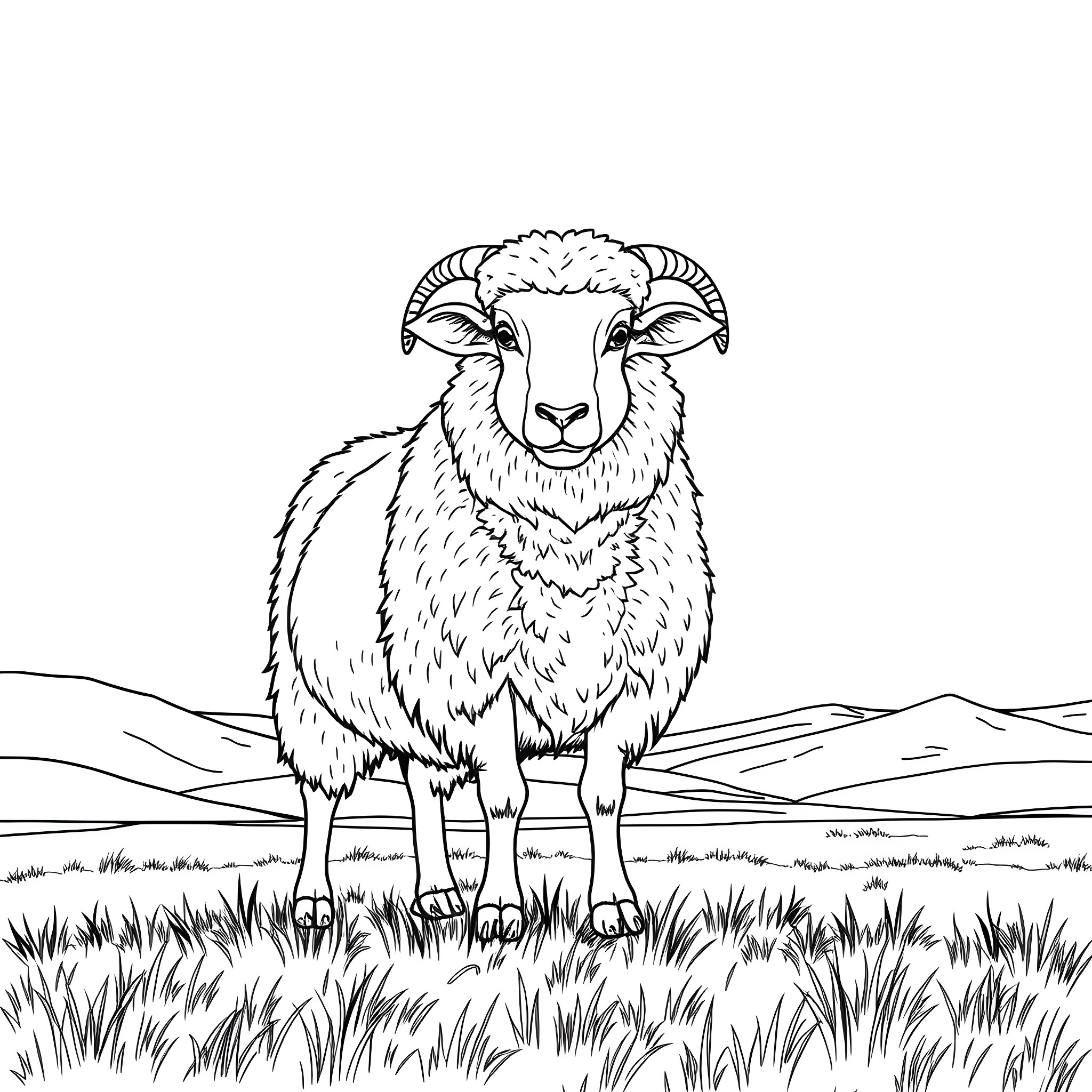 Sheep standing in a meadow Coloring Page (free black-and-white line drawing printable PDF for all, from beginners to advanced learners, including children, teens, adults, and seniors)