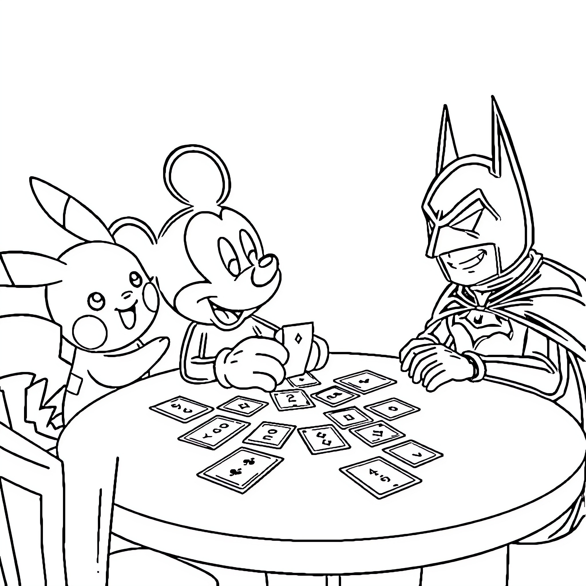 Mickey Mouse and Friends Playing Card Games Coloring Page (free black-and-white line drawing printable PDF for all, from beginners to advanced learners, including children, teens, adults, and seniors)