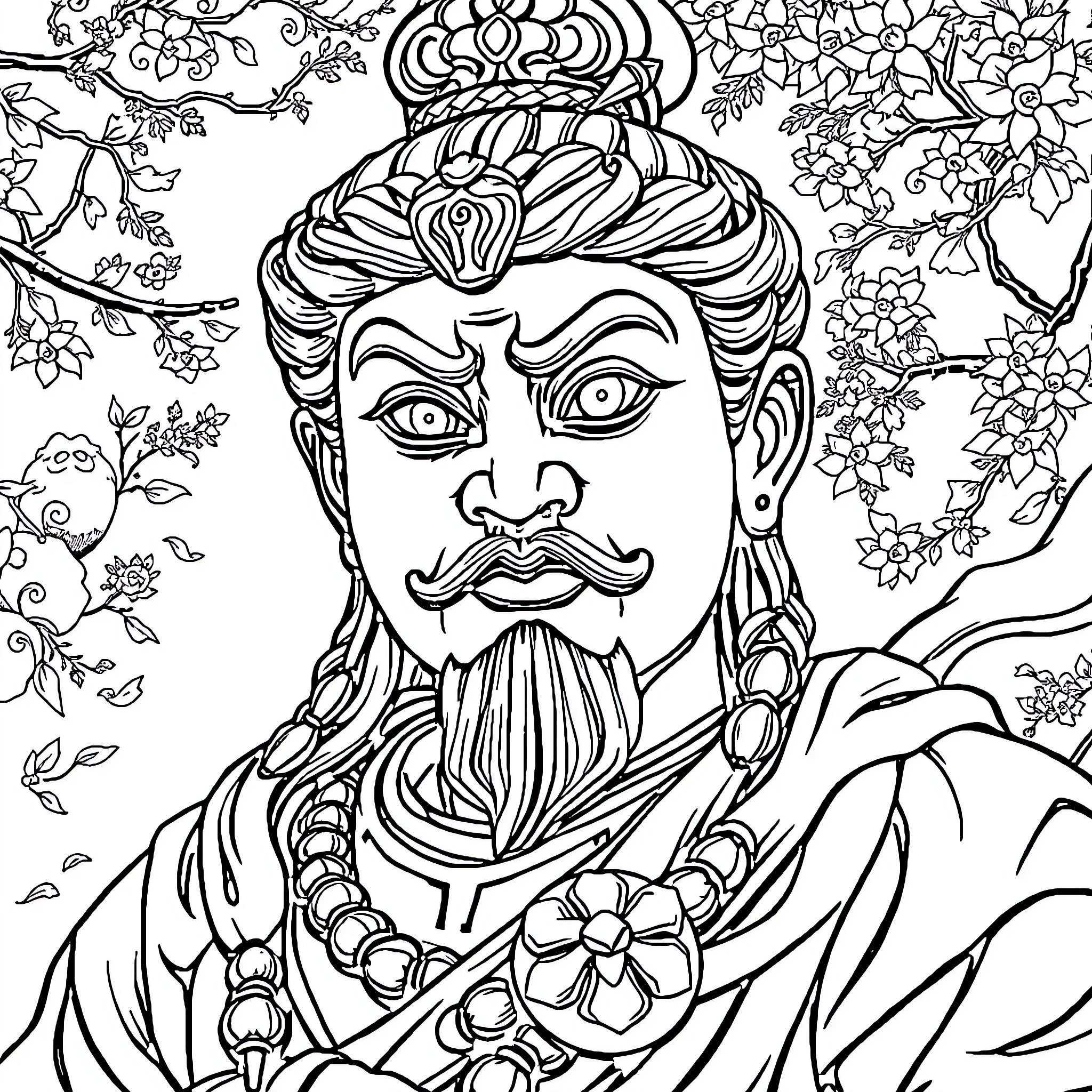 Sung Wukong in Ornate Attire among Floral Scenery Coloring Page (free black-and-white line drawing printable PDF for all, from beginners to advanced learners, including children, teens, adults, and seniors)