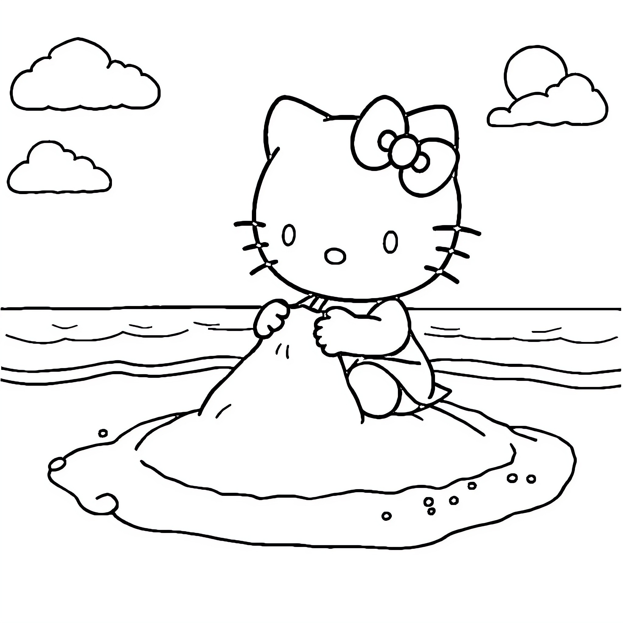 Hello Kitty relaxing on a beach Coloring Page (free black-and-white line drawing printable PDF for all, from beginners to advanced learners, including children, teens, adults, and seniors)