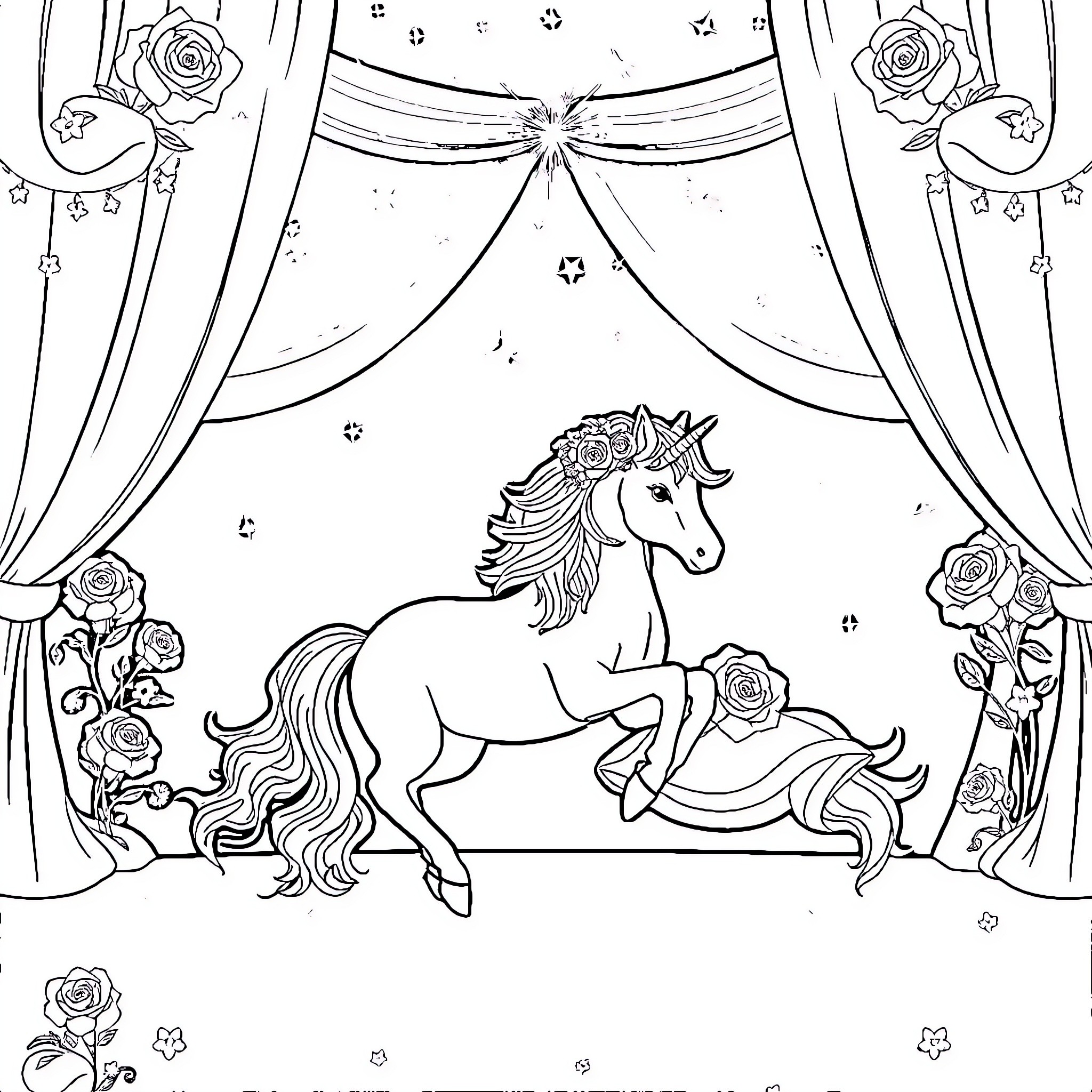 Unicorn Performing on a Magical Stage Coloring Page (free black-and-white line drawing printable PDF for all, from beginners to advanced learners, including children, teens, adults, and seniors)
