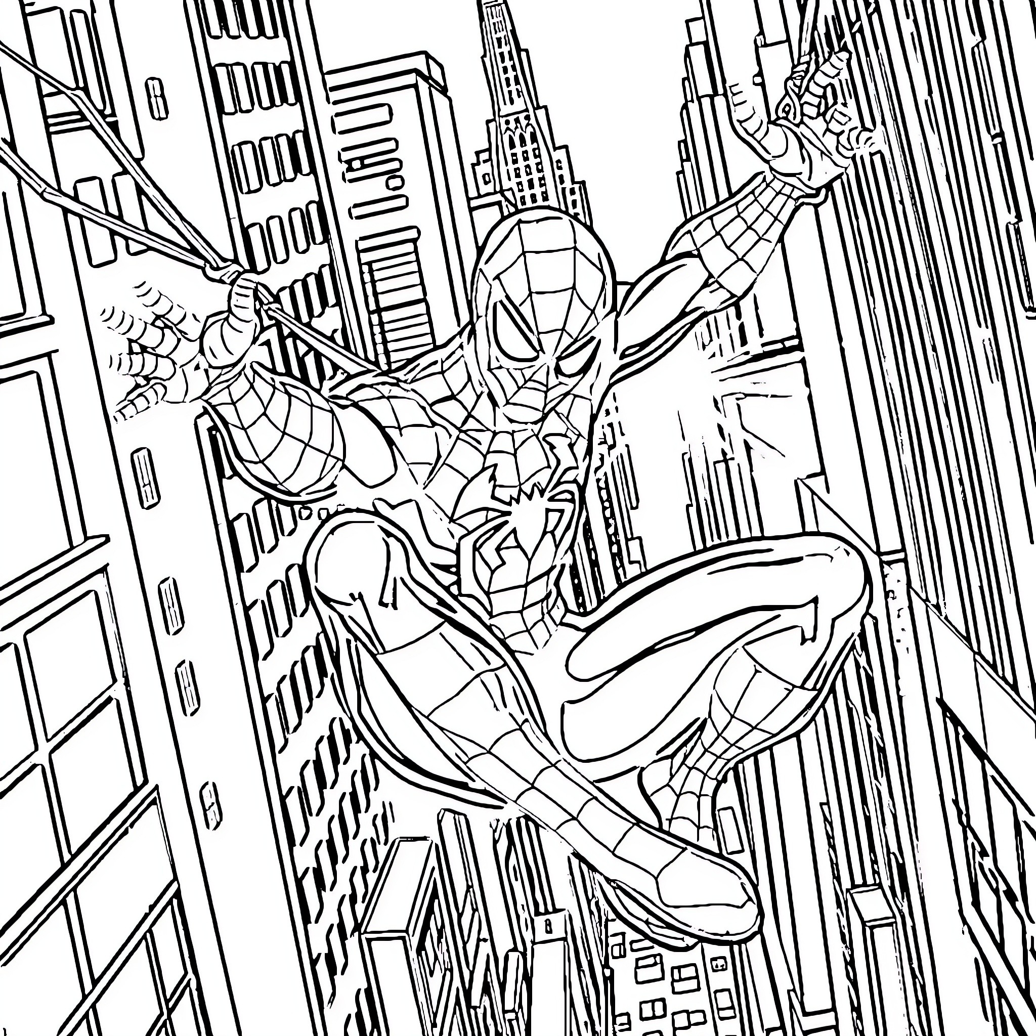 Spider-Man swinging through the city skyline Coloring Page (free black-and-white line drawing printable PDF for all, from beginners to advanced learners, including children, teens, adults, and seniors)